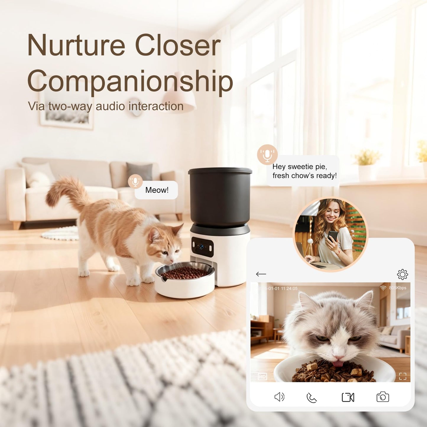 Automatic Cat Feeder with 2K Camera - Automatic Dog Feeder, Dual Band WiFi Smart Pet Dispenser & App Control, 4L Timed Portion Dispenser, Night Vision Two-Way Audio Detachable Stainless Bowl
