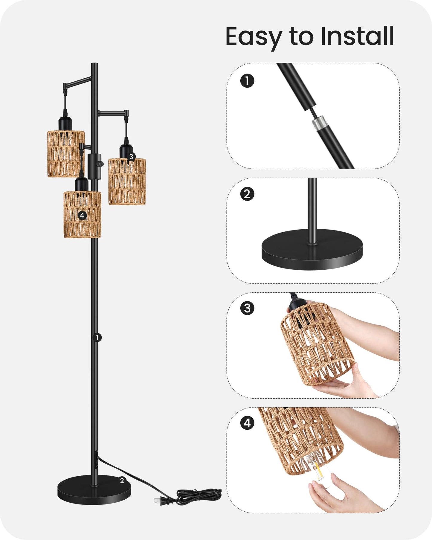 GOEBLESON Dimmable Floor Lamp, Farmhouse 178CM Tall Standing Tree Lamp with 3 Rope Woven Bamboo Lampshades, Boho Rattan Floor Lights, 4W 3 LED Bulbs Included, for Living Room, Bedroom, Study, B03LD05