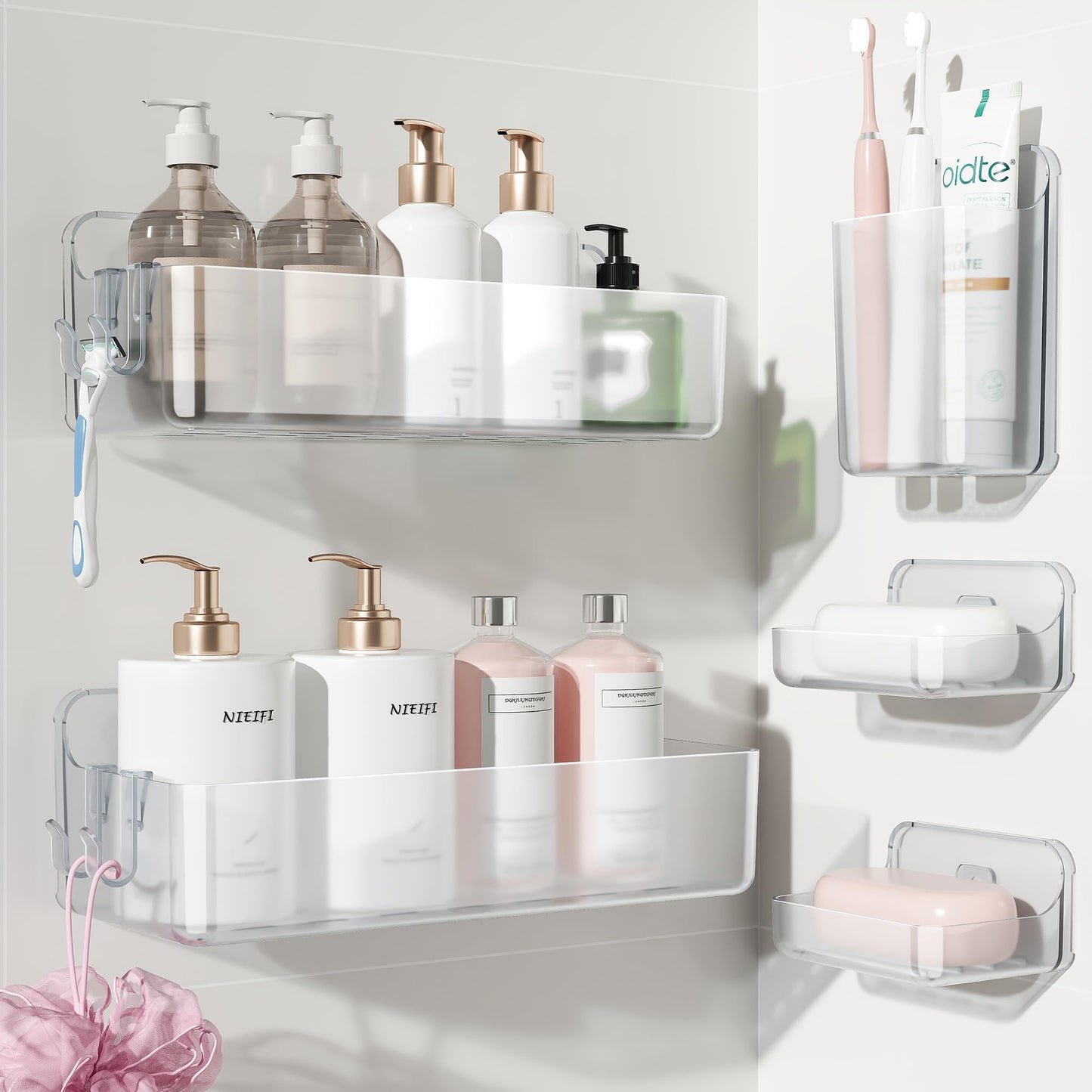 Nieifi Adhesive Wall Shelf,Shower Shelves 5 Pack with Soap Holder,Shower Organizer for Bathroom Organization,Clear