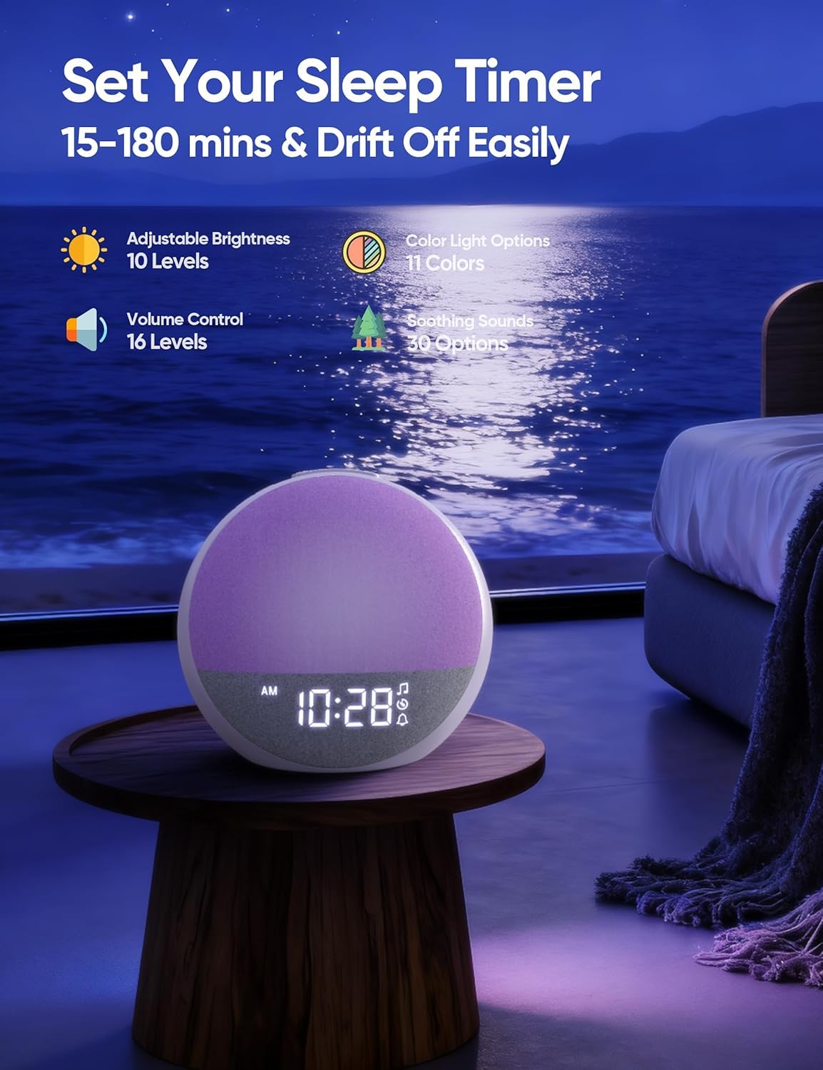 Sunrise Alarm Clock White Noise Machine, Sleep Timer 15-180 mins, 30 Soothing Sounds for Baby Adults Kids, 11 Night Light Colors & Naural Wake Up Light, Easy Set Your Alarms