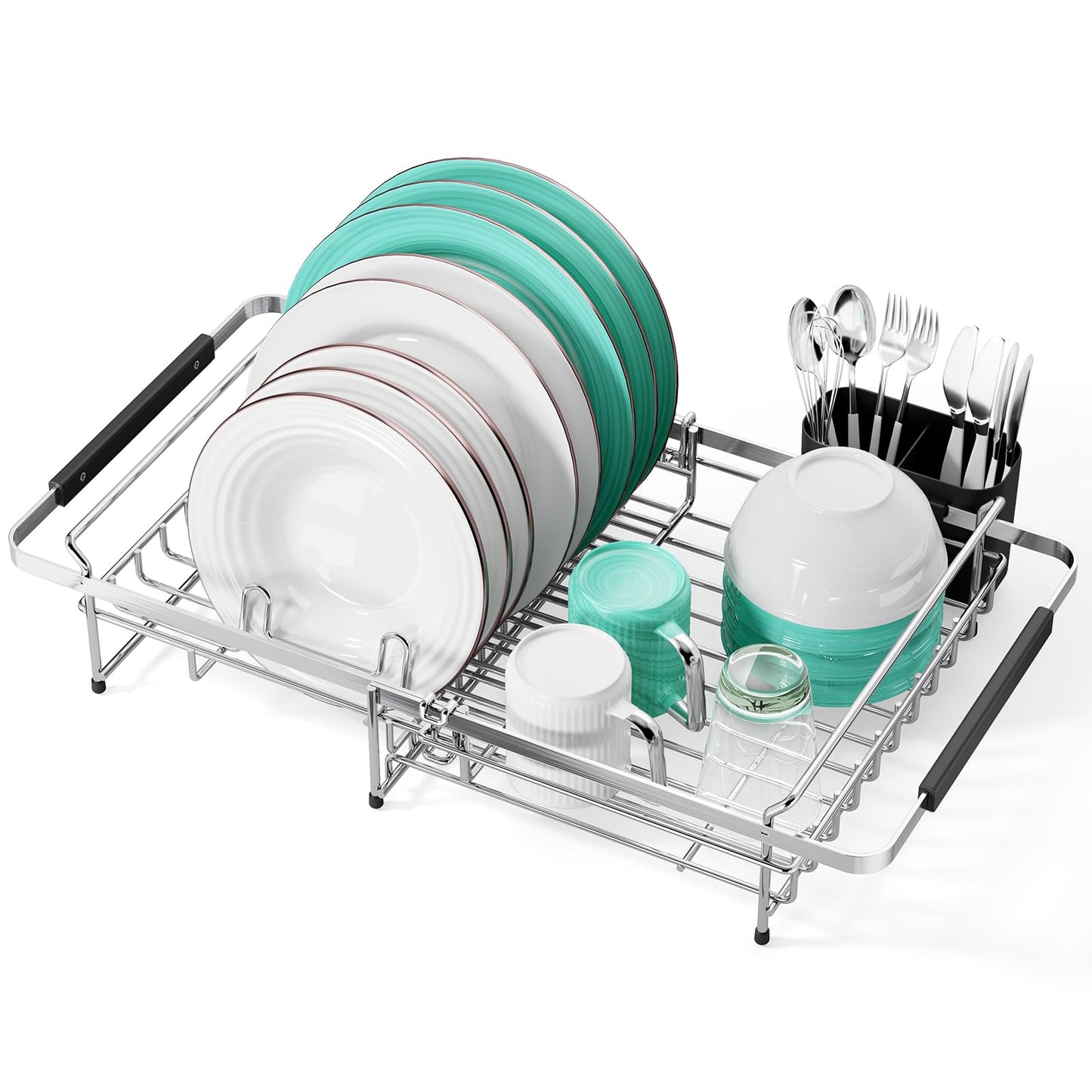 Urackify Stainless Steel Expandable-Sink-Dish-Drying-Rack with Utensil Holder for Kitchen Counter, in Sink and Over The Sink, Rust Resistant, Silver