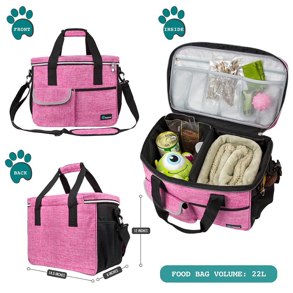 PetAmi Dog Travel Bag | Airline Approved Tote Organizer with Multi-Function Pockets, Food Container Bag and Collapsible Bowl | Perfect Weekend Pet Travel Set for Dog, Cat (Pink, Small)