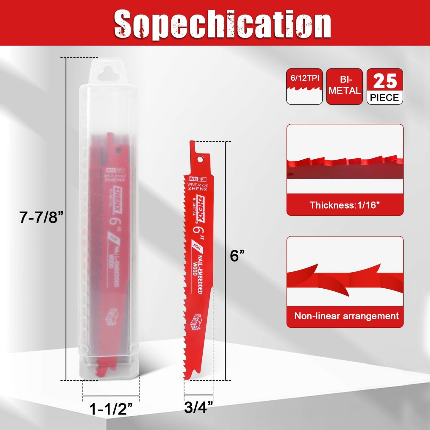 Bi-Metal Reciprocating Saw Blades for Nail-Embedded Wood,25 Pack 6/12tpi 6 Inch Saw Blade Wood with Nails Cutting, Organizer Case Included