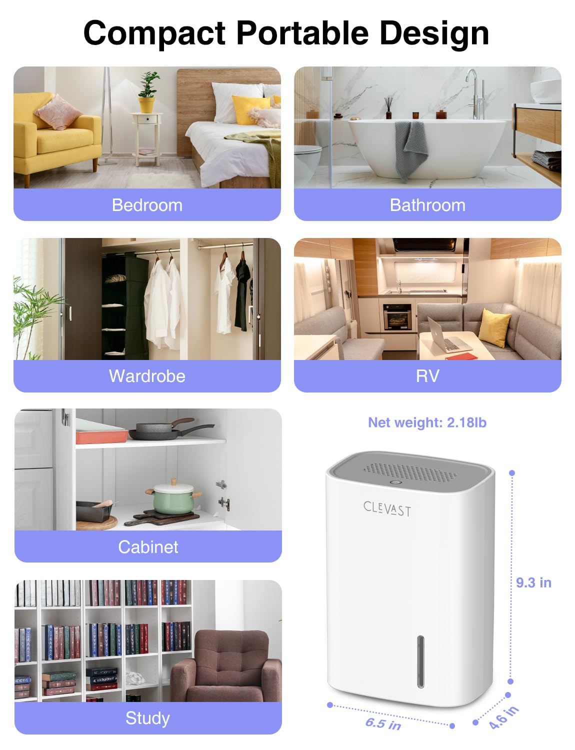 CLEVAST Small Dehumidifier for Home, 30 OZ Mini Quiet Dehumidifiers for Bedroom, Portable Compact Air Dehumidifier for Room, Bathroom, Closet, Camper, House (Not Cordless)