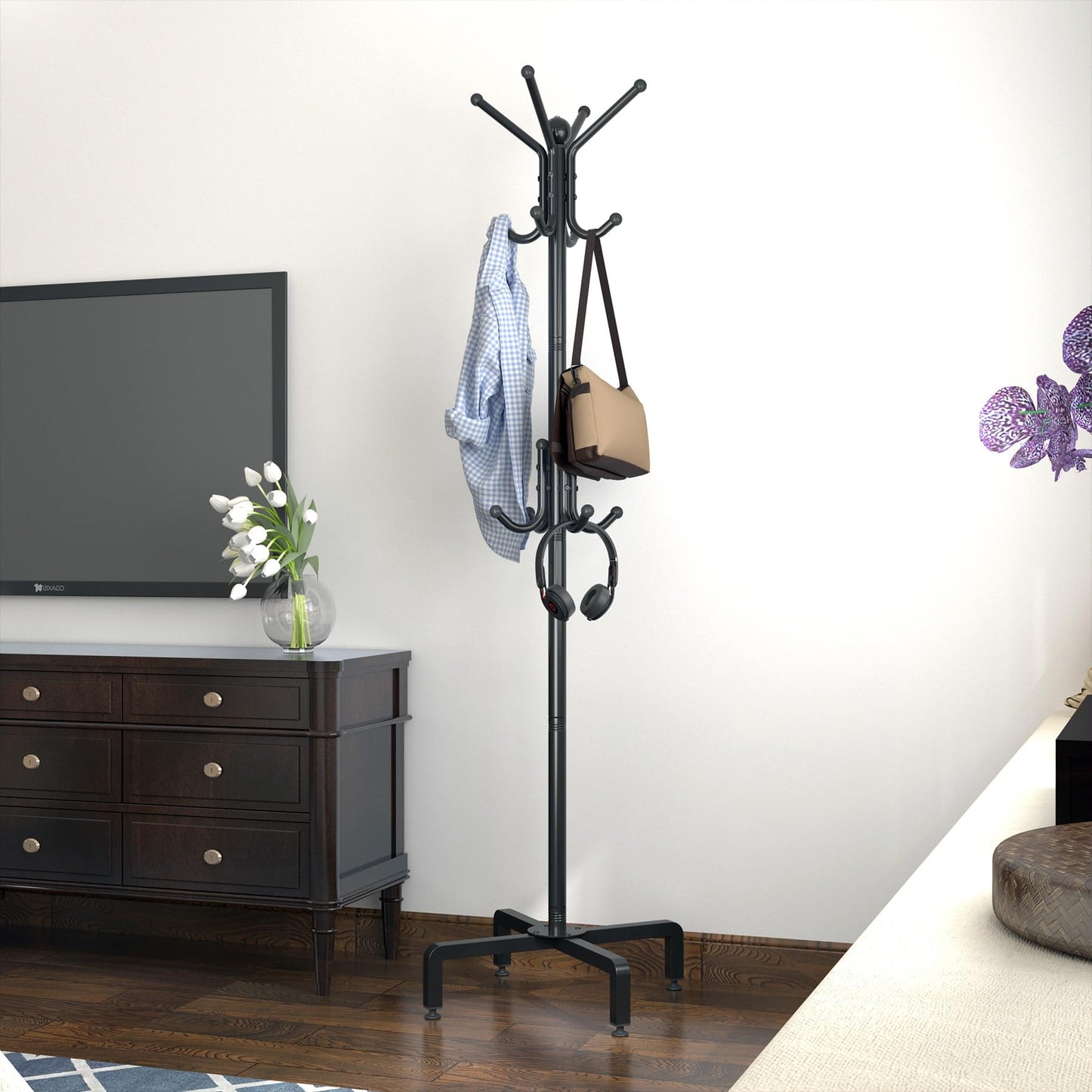 PSHUN RIGH Coat Rack with 12 Hooks, Freestanding Coat Rack Stand for Entryway, Hallway, Bedroom, and Office, Metal Coat Tree & Hat Rack for Coats, Hats, and Bags,Black (Black)