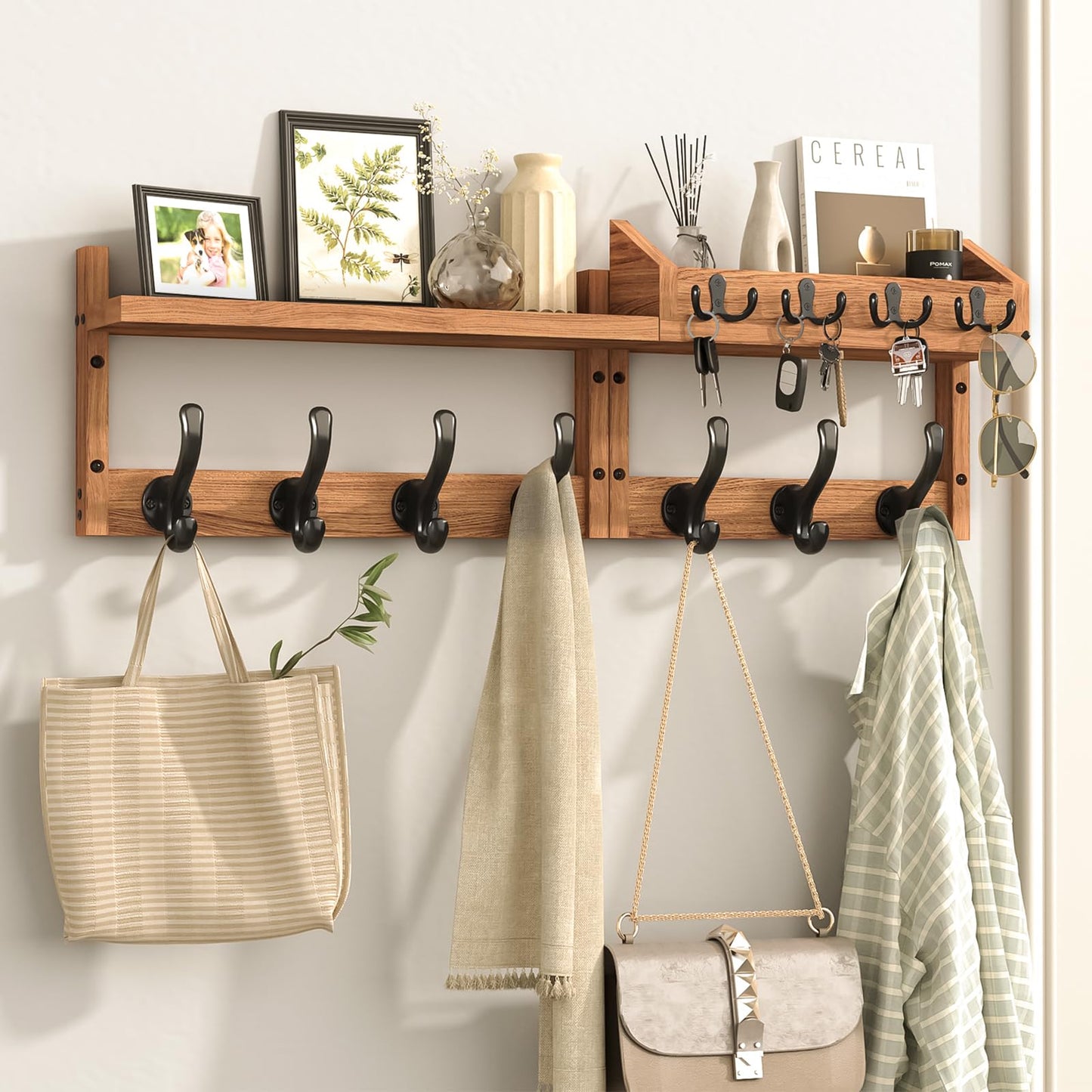 Evermagin Key Holder Wall Mount, Coat Rack Wall Mounted with Shelf, Entryway 4 in 1 Key Hooks, Coat Hanger with 11 Metal Hooks for Living Room and Bedroom, Rustic Brown