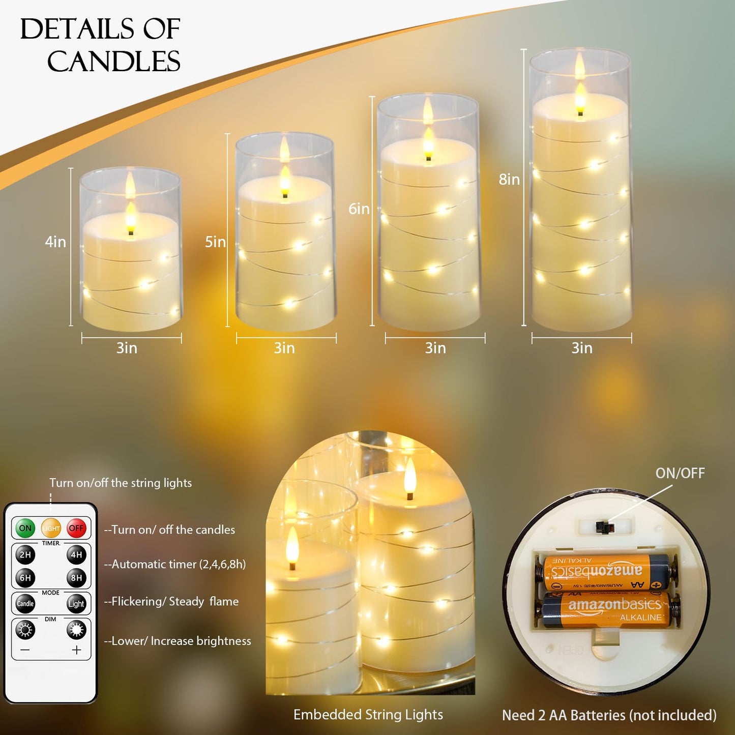 Lezonic 6 Pcs Ivory Flameless Candles with Remote, Acrylic Battery Operated Candles Flickering,LED Ambiance Lighting Timer, Wedding Decorations, 3 x 456688 inches