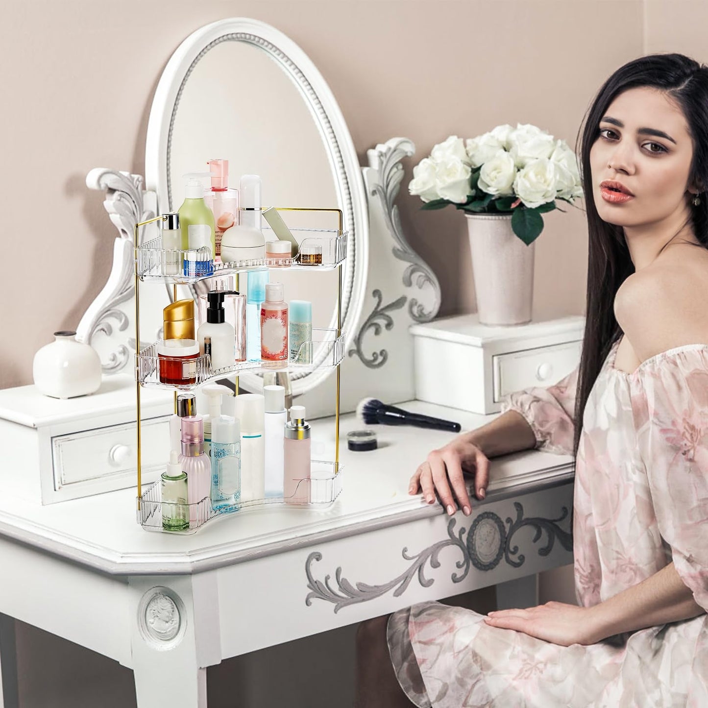 Cididu 3 Tiers Corner Bathroom Counter Organizer, Clear Countertop Shelf Storage Rack, Cosmetic Perfume Tray Standing Holder with Gold Metal Pole, Skincare Sink Organizer for Vanity Kitchen