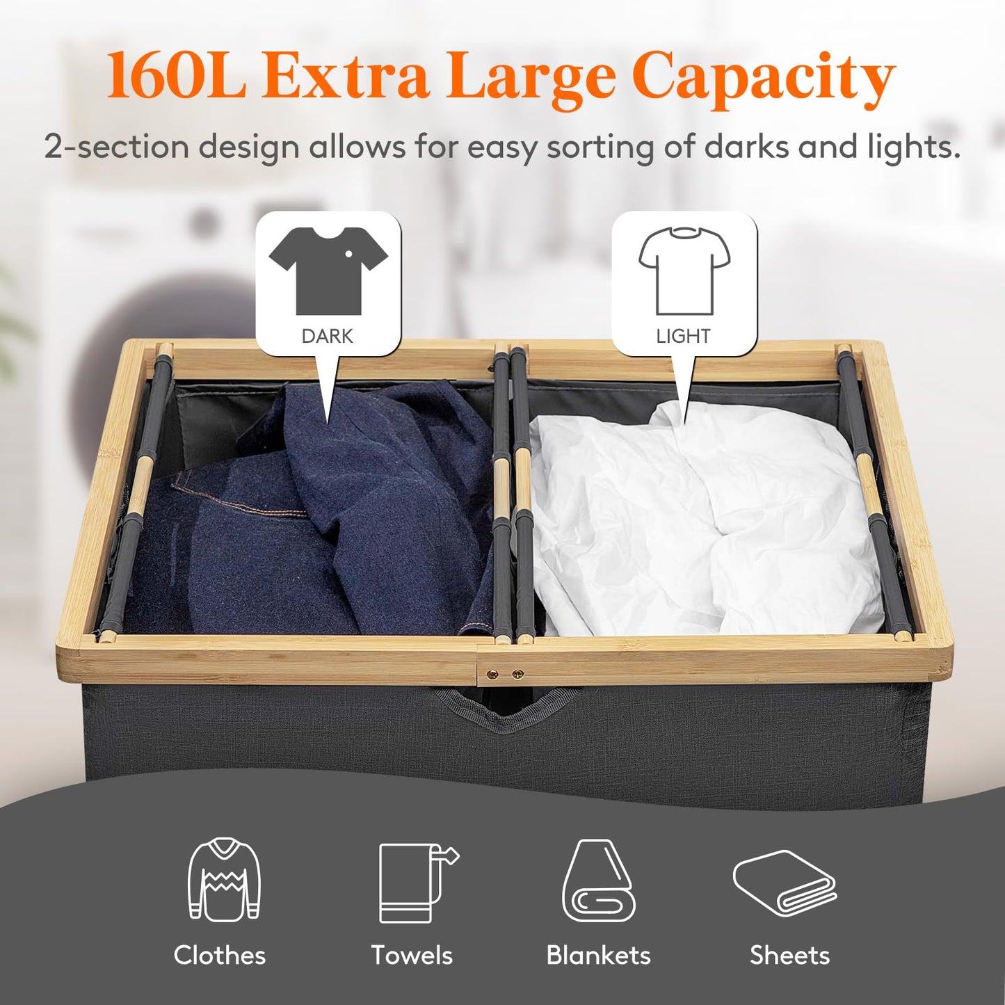 Lifewit 160L Double Laundry Hamper with Lid, Extra Large Bamboo Laundry Basket Dirty Clothes Hamper, 2 Section Laundry Bin Organizer for Laundry Room Bedroom with 2 Removable Liners & Bags, Dark Black