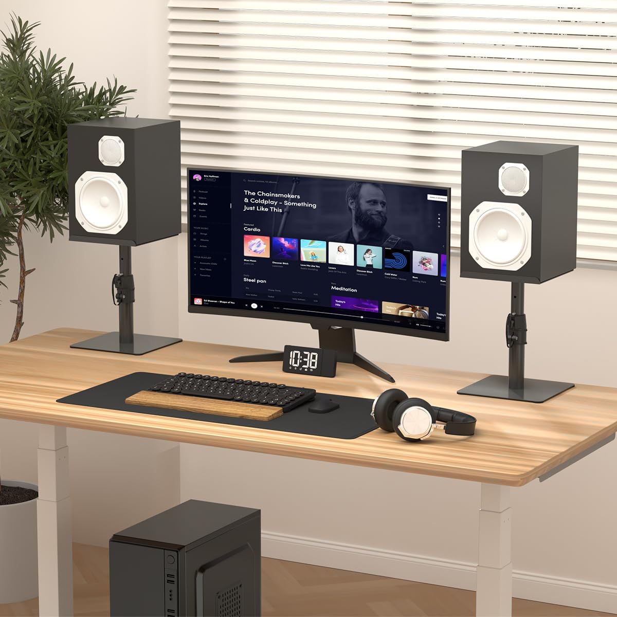 Suptek Free-Standing Speaker Stand Desktop Set, 9.6 x 8.8 inch Trays, Height Adjustment and Tilt, Universal Audio Holders for Computer and Bookshelf Speakers, Elevated Sound, 2 Pack, Black, SDM001T