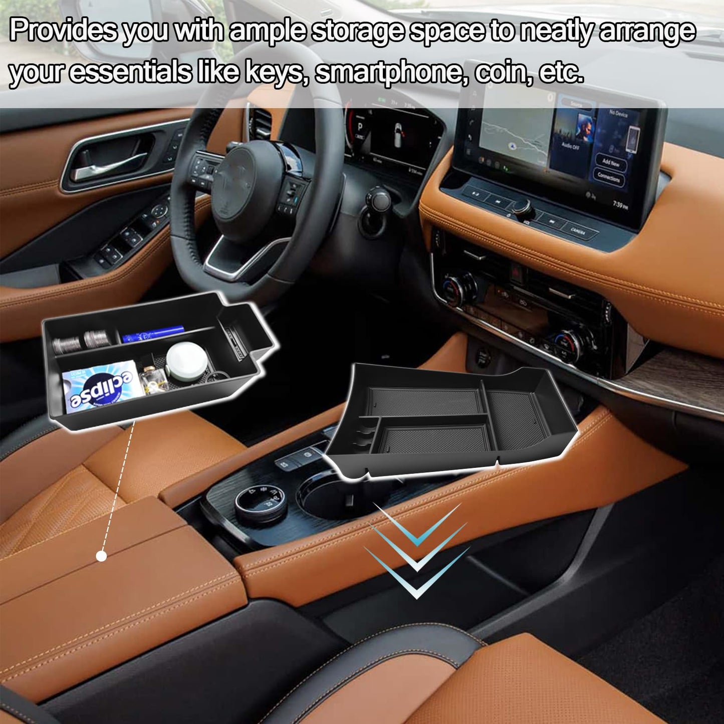 HGWEI 2PCS Center Console Organizer Compatible with Nissan Rogue 2021-2026 Interior Accessories, Rogue Lower Console Armrest Storage Box Insert Secondary Tray (Not for Rogue Sport), Black