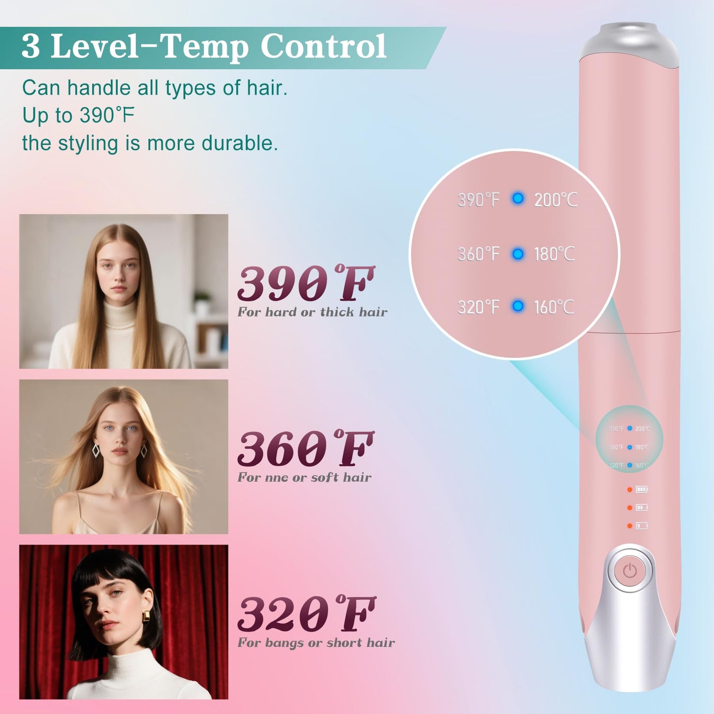 Cordless Hair Straightener for Women Cordless MINI Iron Portable Pink Hair Straightener,Fast Heating to 200°C Max Temperature Portable Straightener 2 in 1 for Hair Straightening and Curling