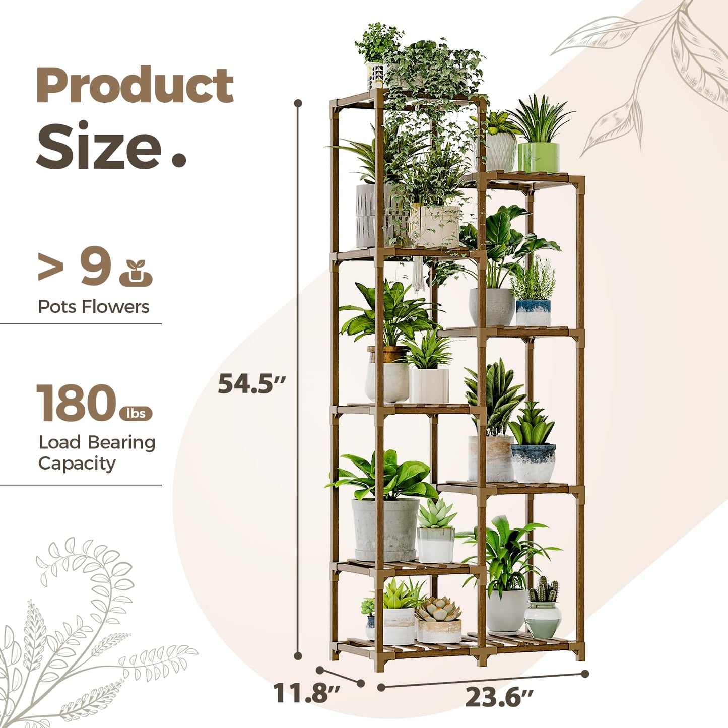 Bamworld Plant Stand Indoor Tall Plant Shelf Outdoor Corner Plants Table Wood Flower Stand for Living Room Balcony and Garden (9 pots)