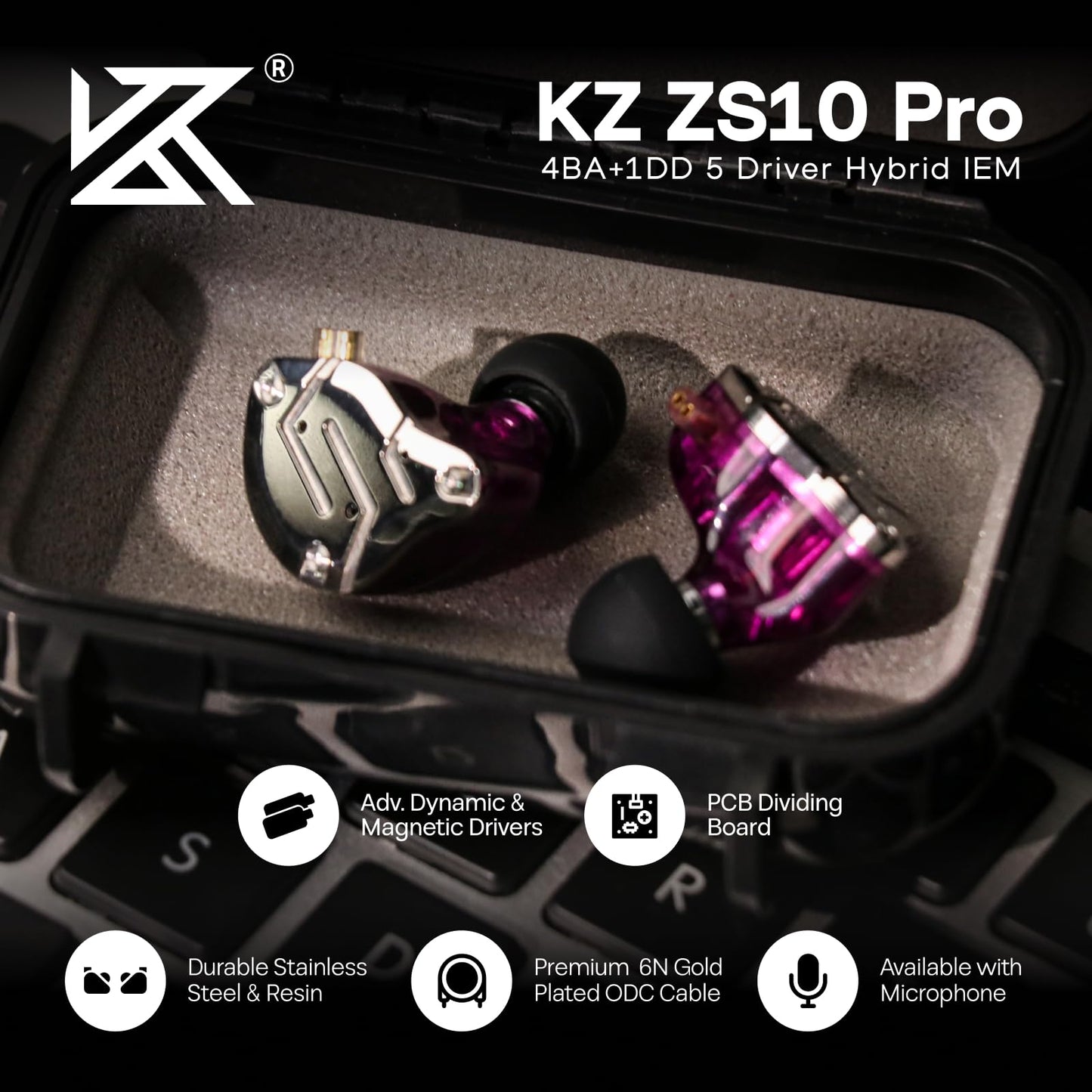 Linsoul KZ ZS10 Pro, 4BA+1DD 5 Driver in Ear Monitor, HiFi Wired Earbuds, Gaming Earbuds, Hybrid IEM Earphones with Stainless Steel Faceplate, Recessed 2 Pin Detachable Cable (Without Mic, Purple)