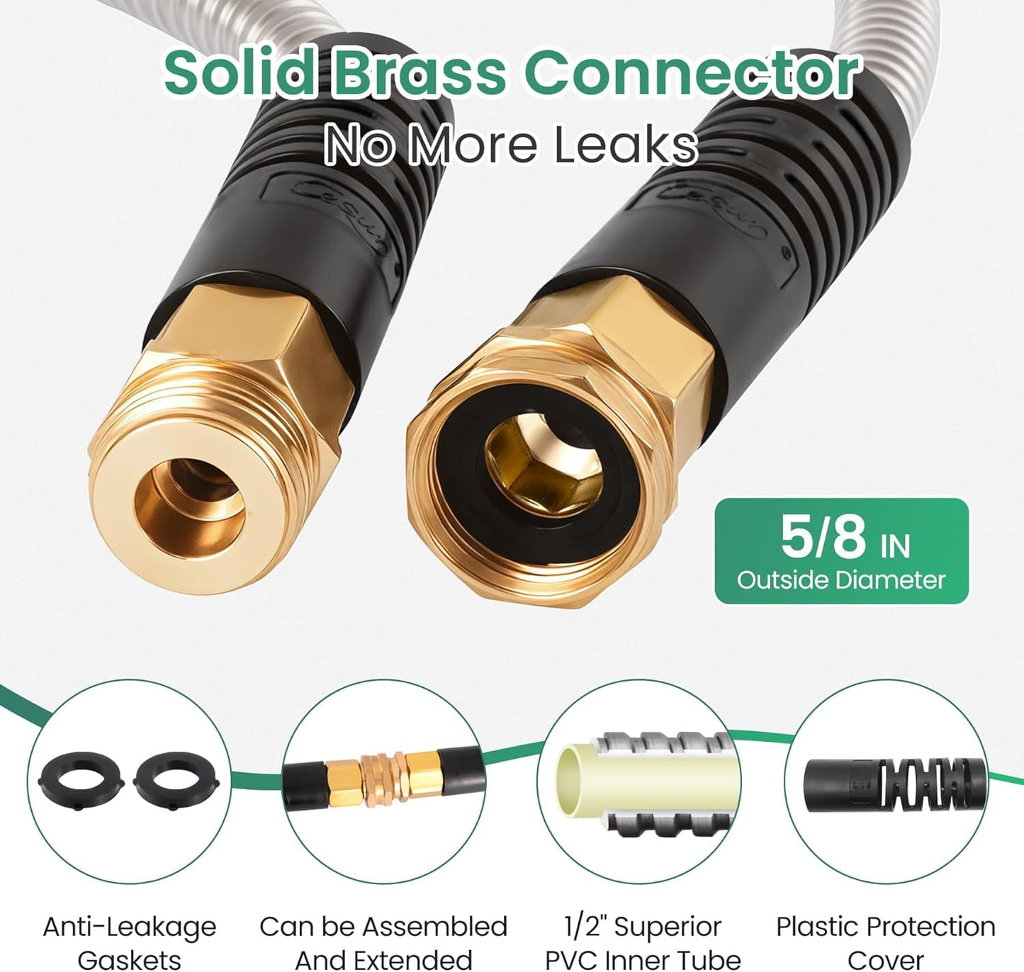 Cesun 50 Feet 304 Stainless Steel Metal Garden Hose with Solid Brass Nozzle, Lightweight Portable Durable Cool to The Touch, Flexible and No Kink, Tangle Puncture Resistant (50 Feet Upgraded)
