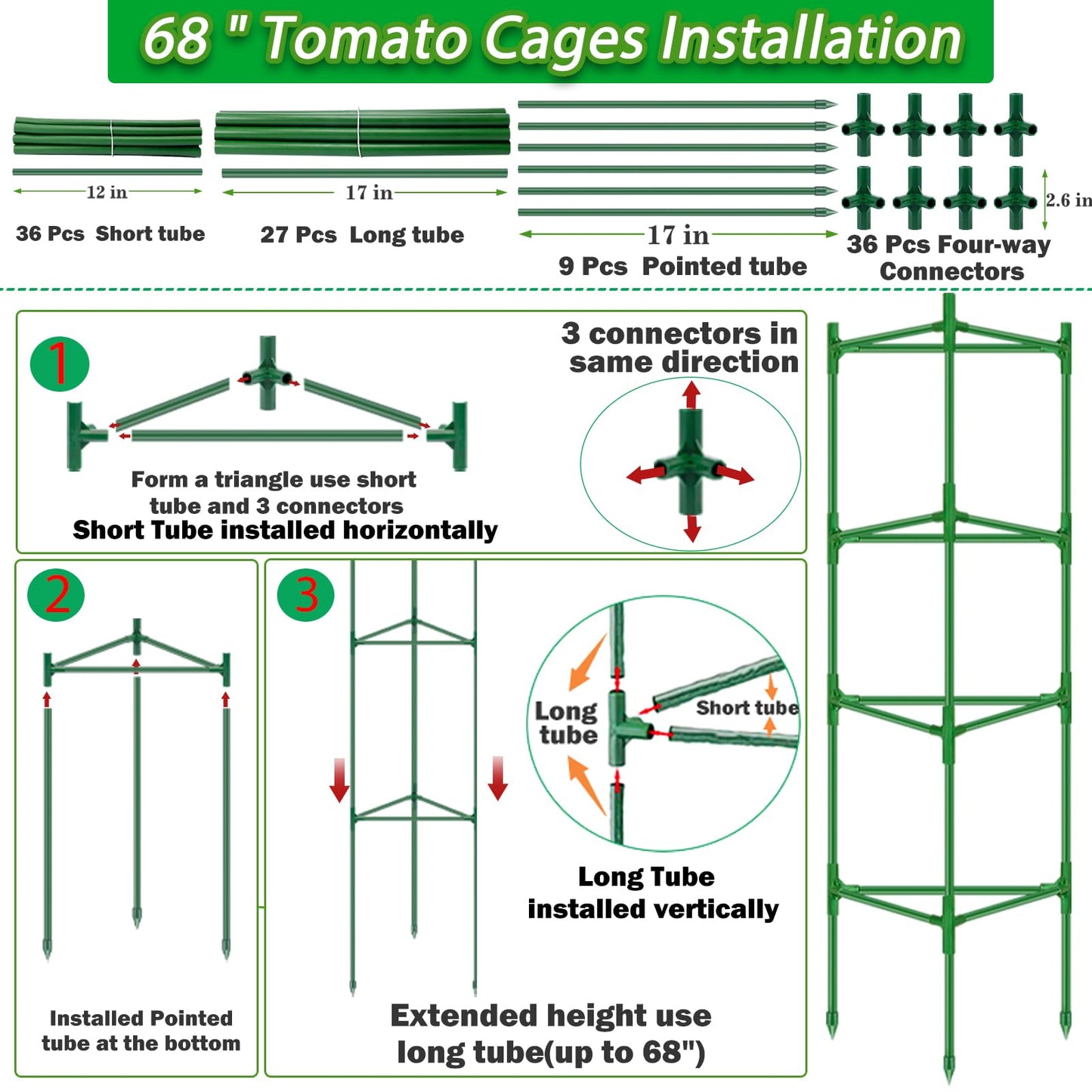 Tomato Cages for Garden 3 Packs - Heavy Duty Steel Tomatoes Cage Tall Up to 68in & 164Ft Twist Tie, Tomato Plant Stakes Support Cages Trellis for Pots Garden Vegetable Climbing Plants Outdoor