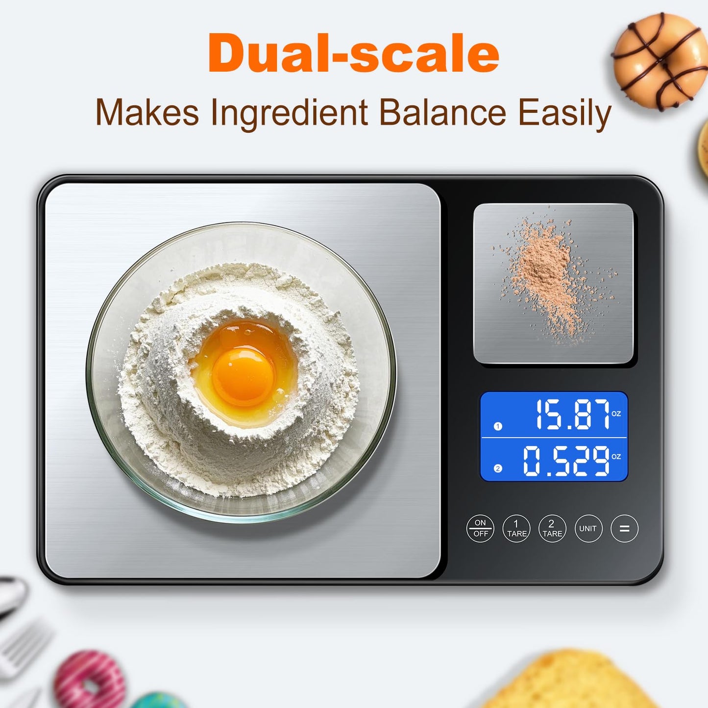 Food Scale, 15kg x 0.01g Digital Kitchen Scale Cooking and Baking, Dual Precision Food Weight Scale with Backlit LCD Display, Tare, Accumulation Function, 7 Units, Including 2 AAA Batteries