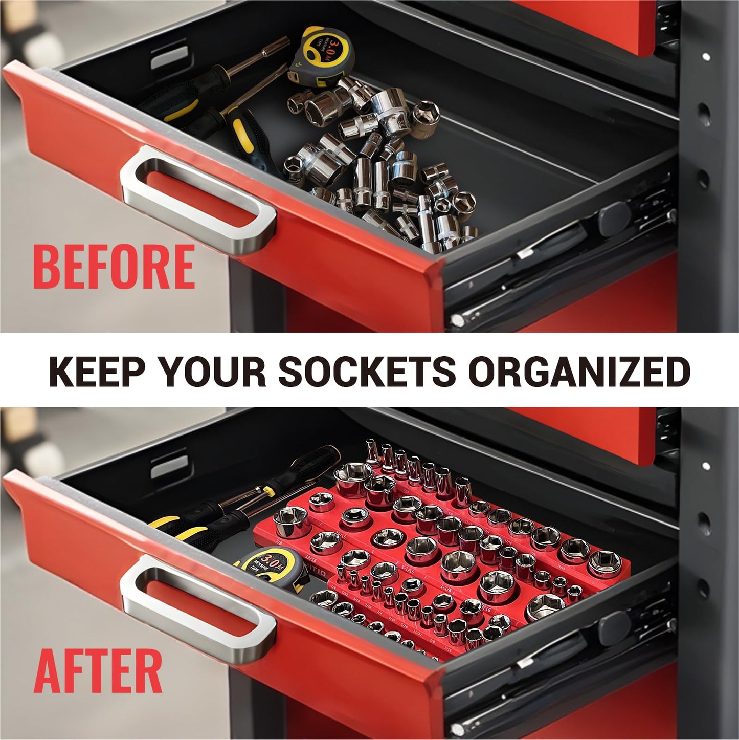 6-Piece Magnetic Socket Organizer Set, Magnetic Socket Holder Includes 1/4", 3/8", 1/2" Drive Metric SAE Socket Trays, Holds 143 Pieces Standard and Deep Sockets(Socket not Included)