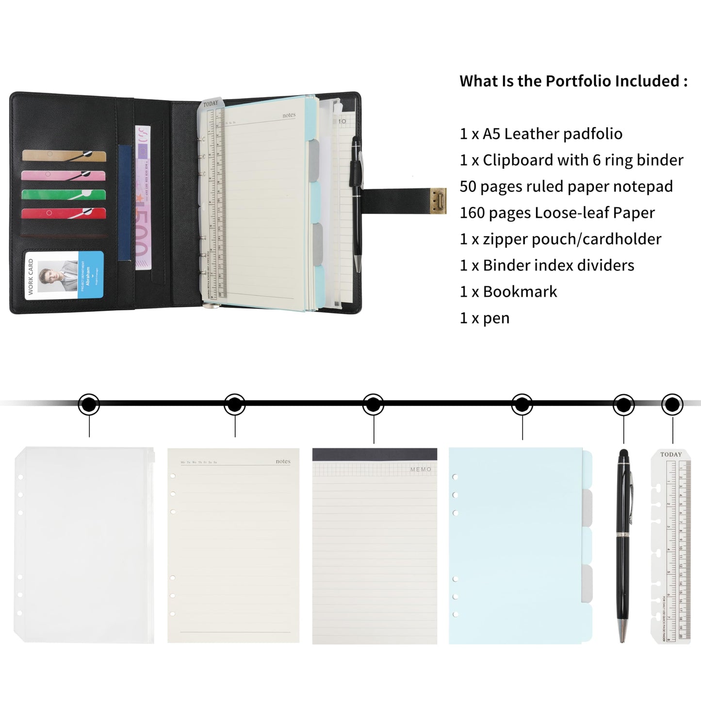 Wason A5 Journal with Lock PU Leather Ring Binder Portfolio, Refillable Writing Diary Notebook Planner and Lined Paper Notepad Pen Clipboard For Organizer Ideal Business School Travel (Black)