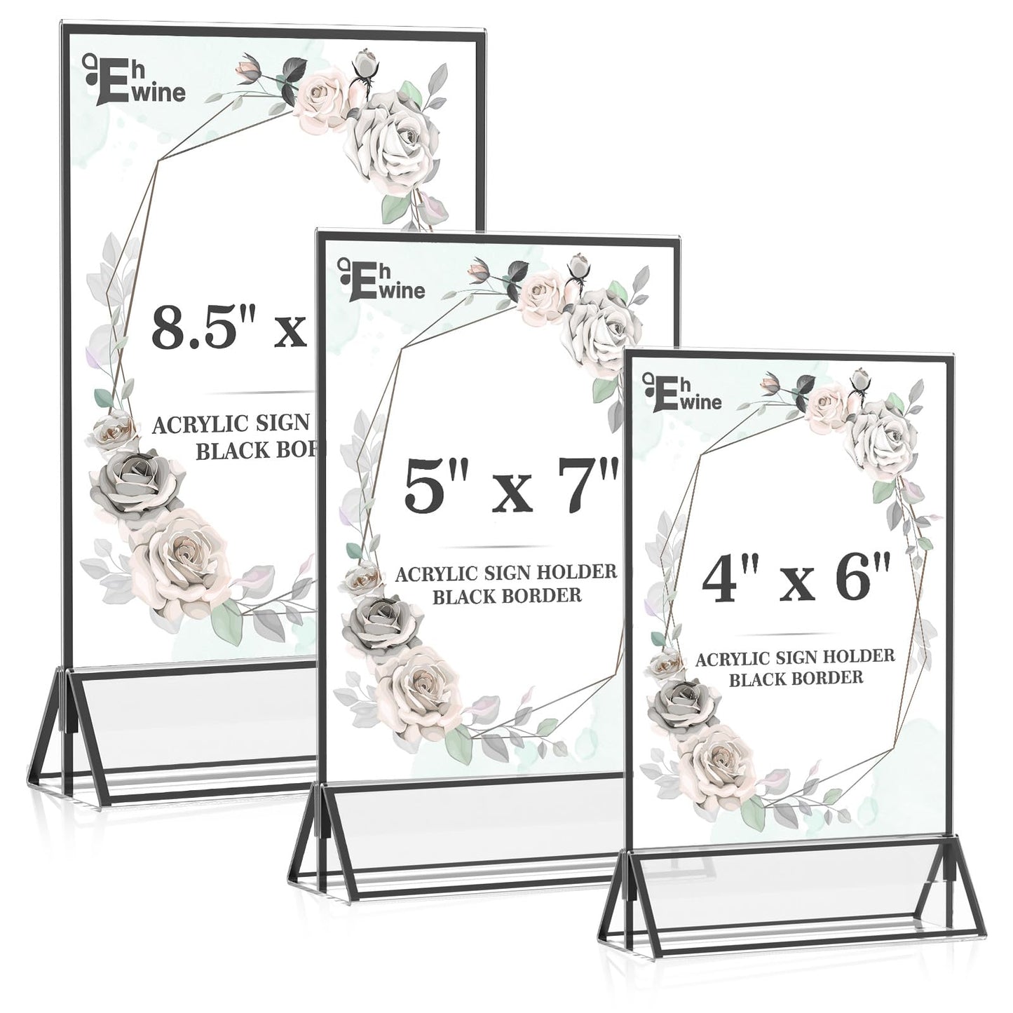 EHWINE 8 Pack Acrylic Sign Holder 8.5 x 11, Double Sided Black Picture Frame Stand up Table Top Sign Holders, Clear Display Stand Menu Flyer Holder for Wedding Party (Provide Non-slip Mats)
