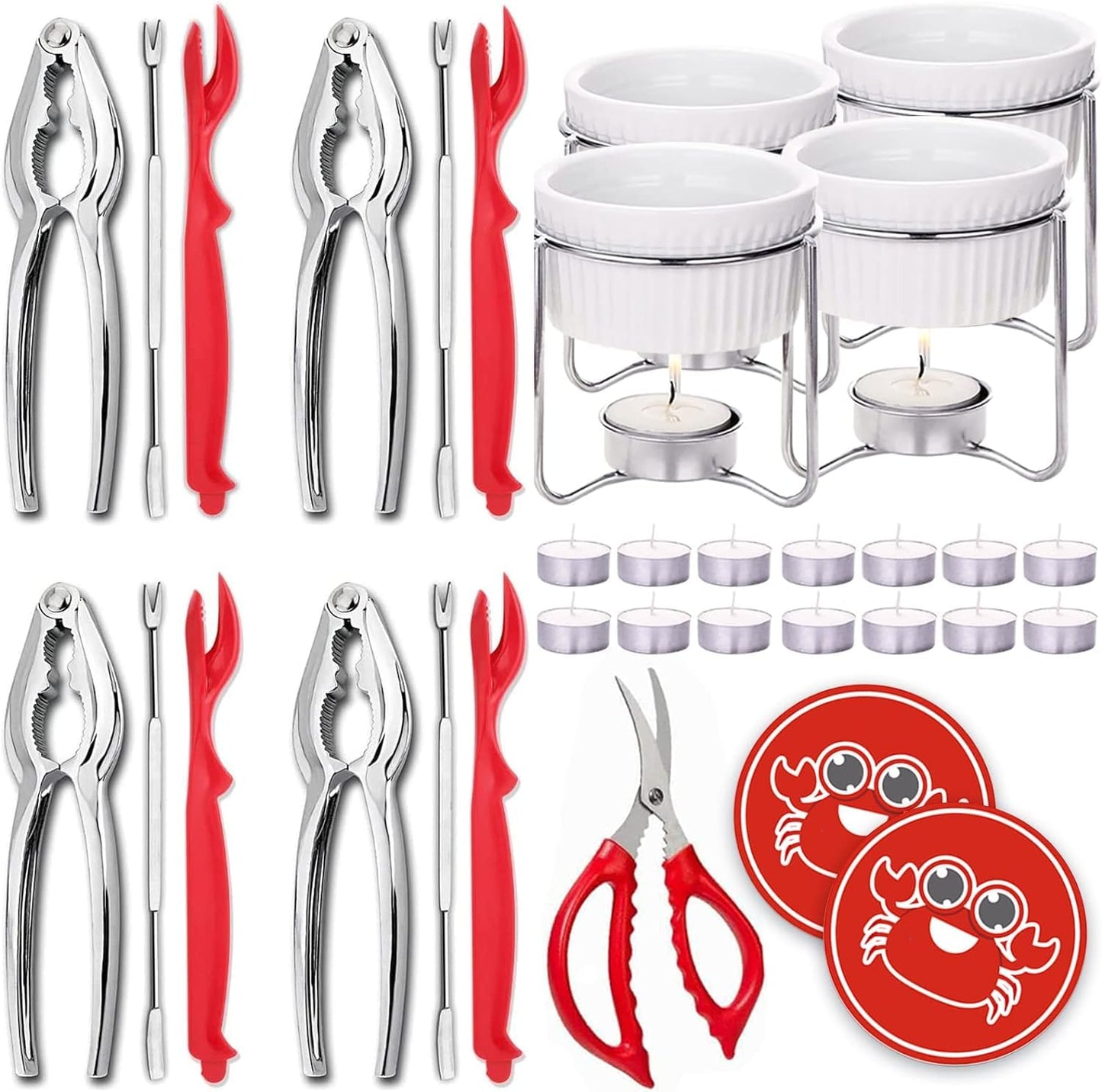 Luvan 33 Pcs Seafood Tools Set with 4 Crab Crackers, 4 Crab Leg Forks/Picks, 4 Lobster Shellers, 1 Seafood Scissors, 4 Butter Warmers, 14 Tealight Candles and 2 Crab Grabbers