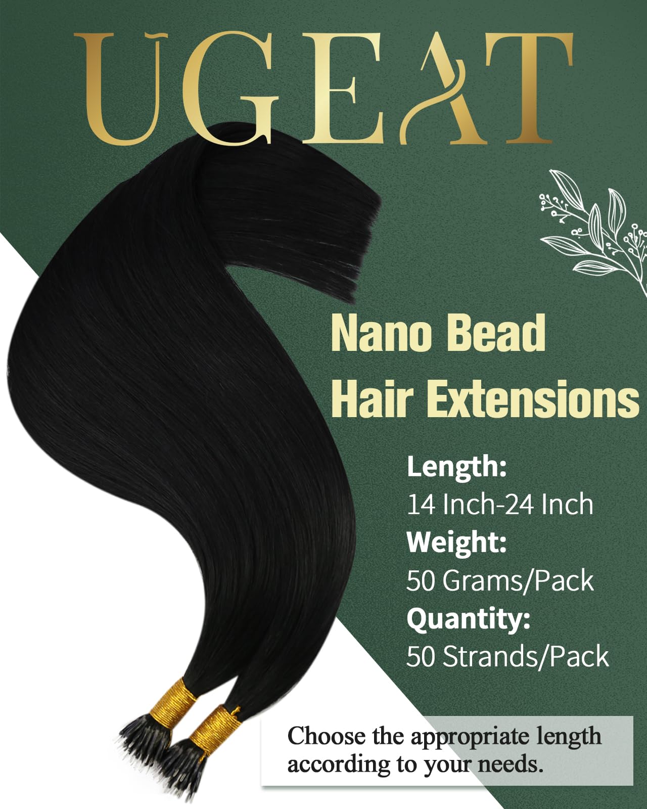 Ugeat Black Nano Beads Hair Extensions for Women Invisible Nano Tip Hair Extensions Human Hair Jet Black Human Hair Extensions Nano Extensions with Cold Fusion 22 Inch 50g 50s
