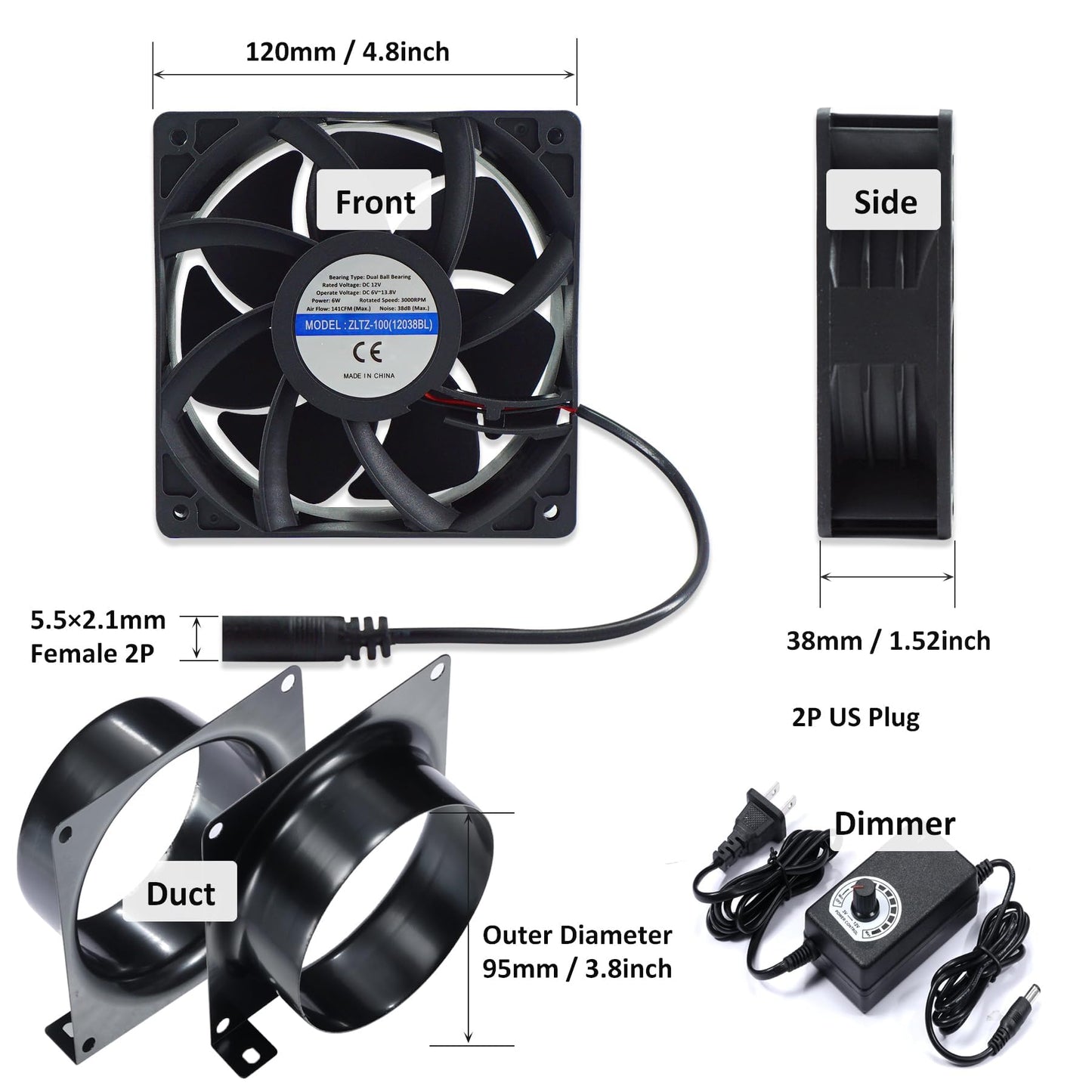 4" Axial Exhaust Fan, 3000RPM 120mm DC12V Dual Ball Bearings Air Exhaust Fume Smoke Extractor Fan Kit for DIY Soldering, 3D Laser, Paint Booth (4" Duct Adapters, Mesh, Dimmer Included)