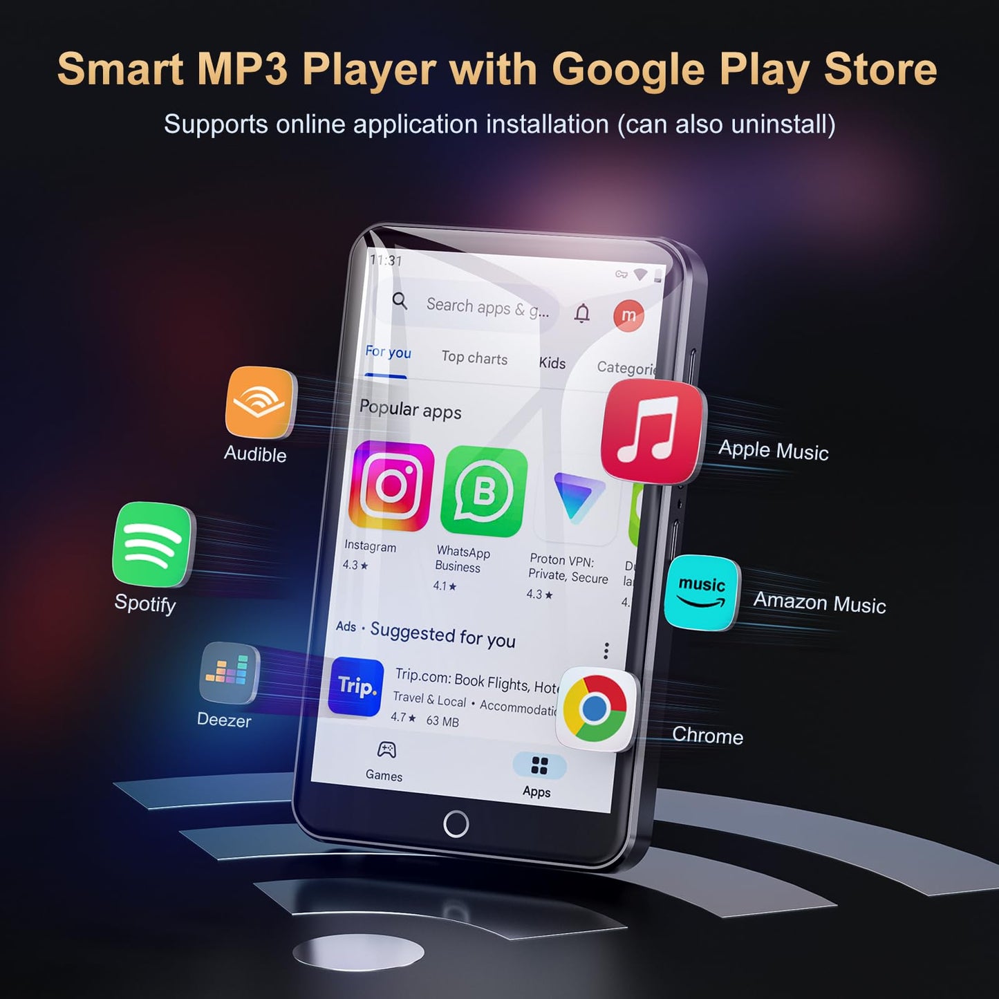 80GB MP3 Player with Bluetooth and WiFi, Mp3 & Mp4 Music Player with Spotify, Amazon Music, Deezer, Audible, Browser, 4.0" IPS Touch Screen Android Player with Speaker, FM Radio, Up to 512GB(Black)