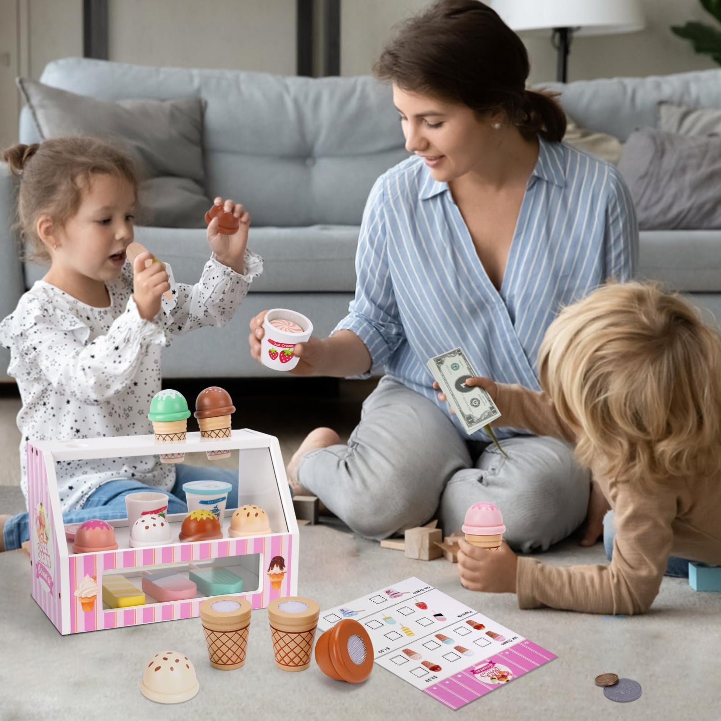 Ice Cream Toy, Wooden Pretend Play Toys Play Store for Kids, Wooden Ice Cream Play Set with Scoop, Fake Money, Menu, Ice Cream Toys Play Kitchen Food Gifts for 3 4 5 6 Year Old Toddlers Girls Boys