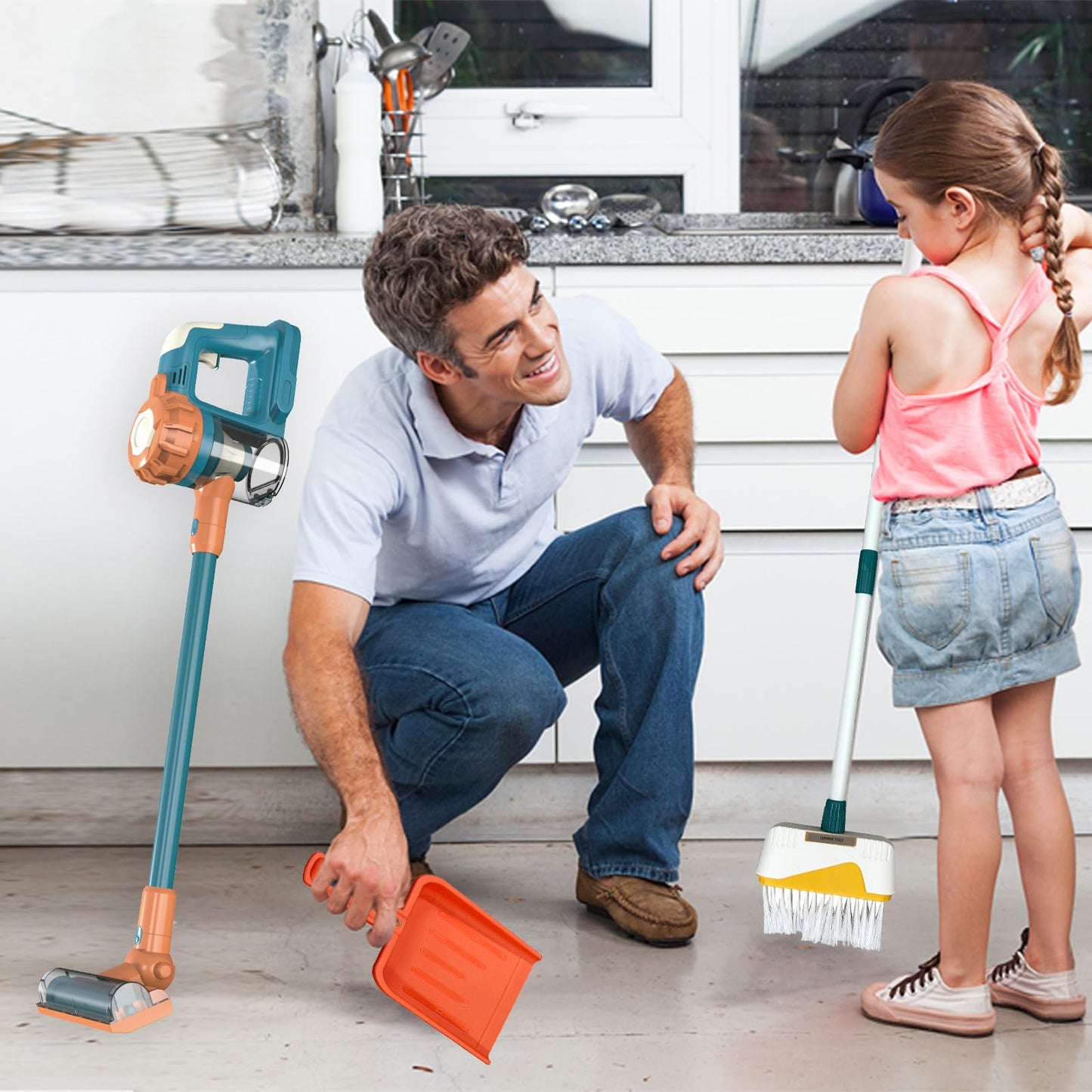 BAYMI Kids Vacuum That Really Works 9Pcs Kids Cleaning Set for Toddlers Toy Cleaner Kids Broom and Dustpan Set Aged 3+ Scrub Brushes for Cleaning Baby Boy Girl Gifts (950Blue)