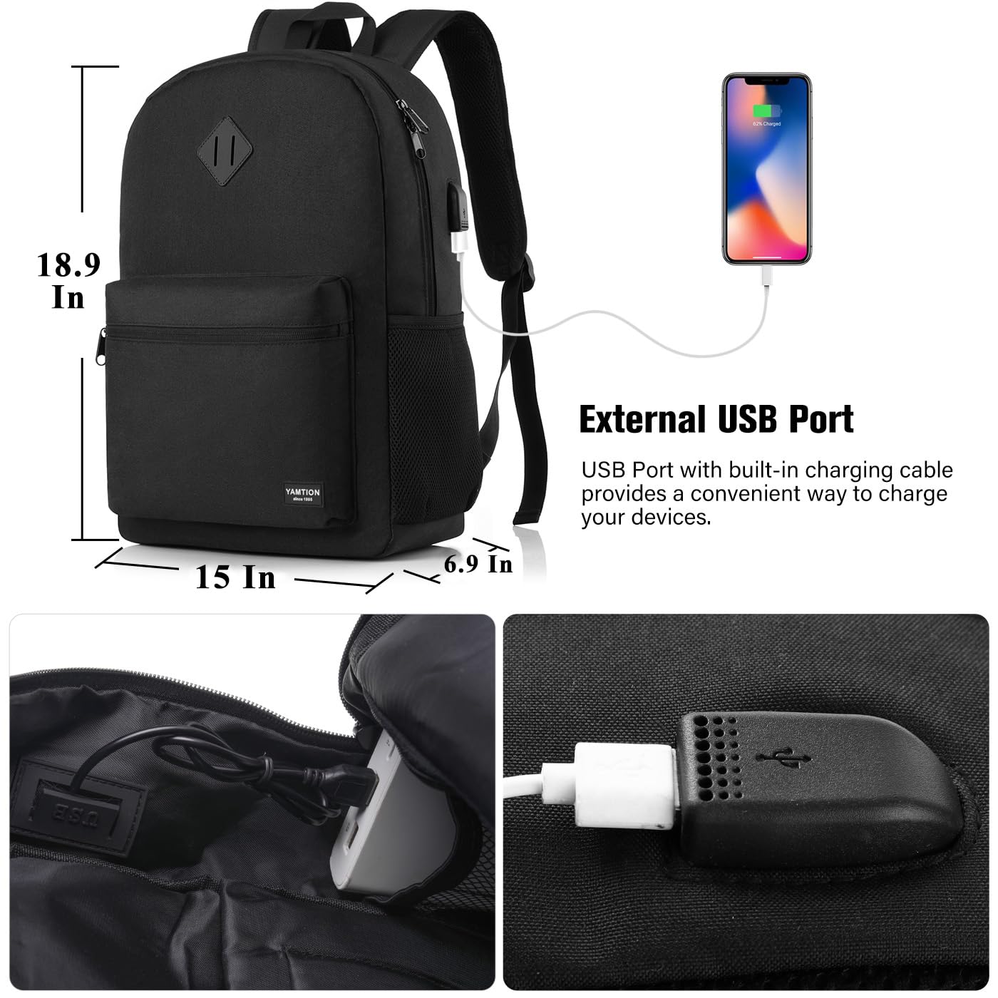 YAMTION Backpack Men and Women, School Backpack Boys and Girls Teenager Backpack School for Study Work Travel with USB Charging Port