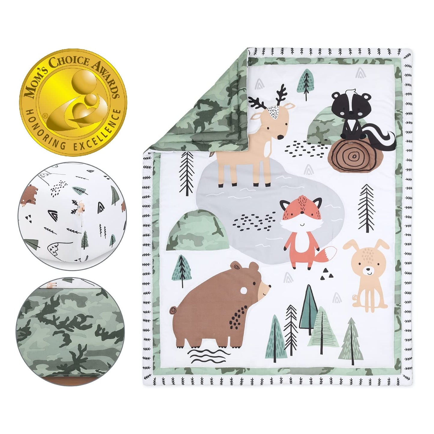 The Peanutshell 3 Piece Baby Crib Bedding Set for Boys - Newborn, Infant & Toddler Nursery Bed Set Decor with Fitted Crib Sheet, Dust Ruffle Comforter - Woodland Camo