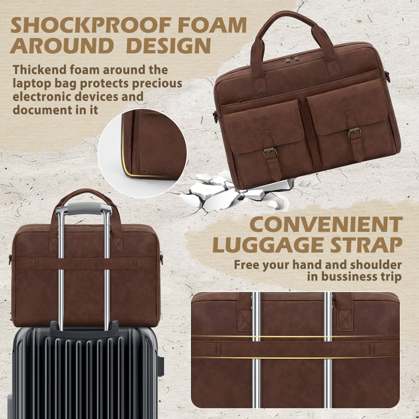 RAINSMORE Laptop Bag Men Messenger Bags Leather Briefcases for Men 16 Inch Computer Satchel Shoulder Bag for Work, Office, Business, College