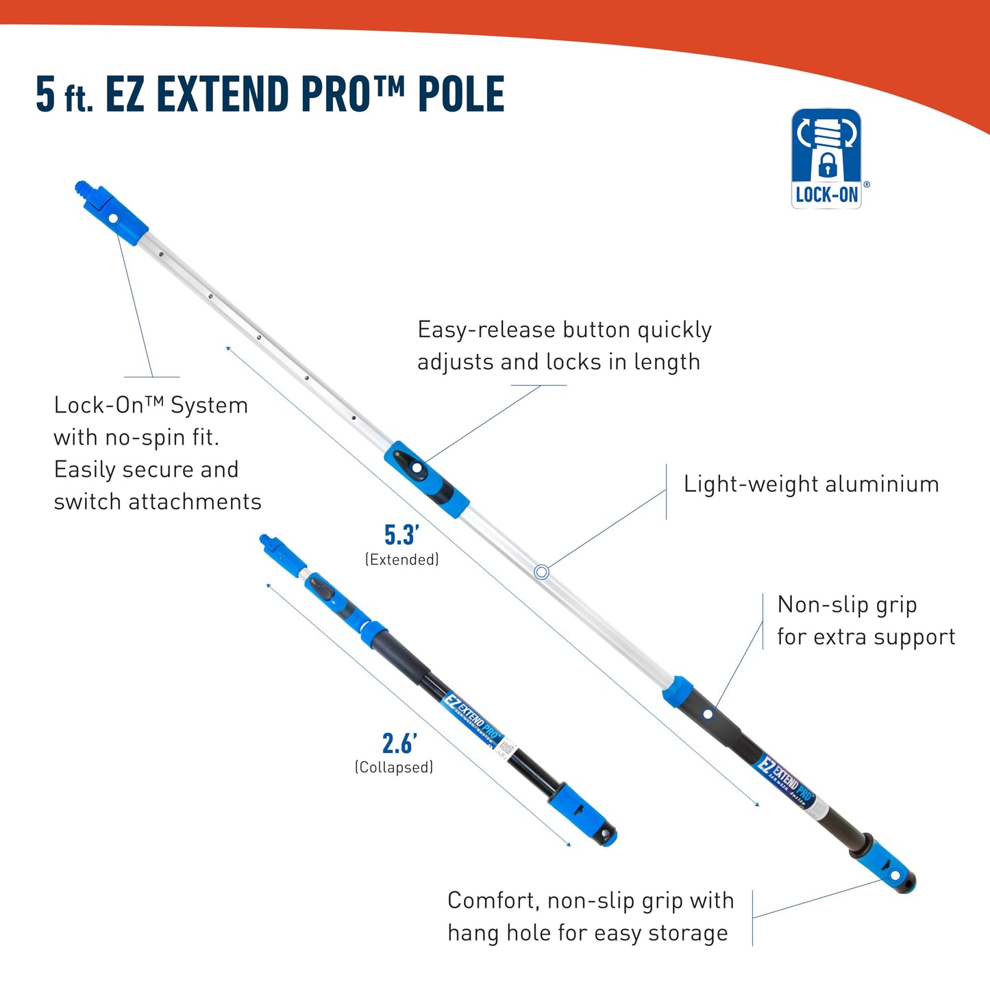 Unger Lock-On EZ Extend Pro Telescopic Pole, Extension from 2.6’ to 5.3’, Aluminum Extendable Poles for Indoor/Outdoor, Floor and High-Access Cleaning, Use with Squeegees, Broom Heads, Brushes & More