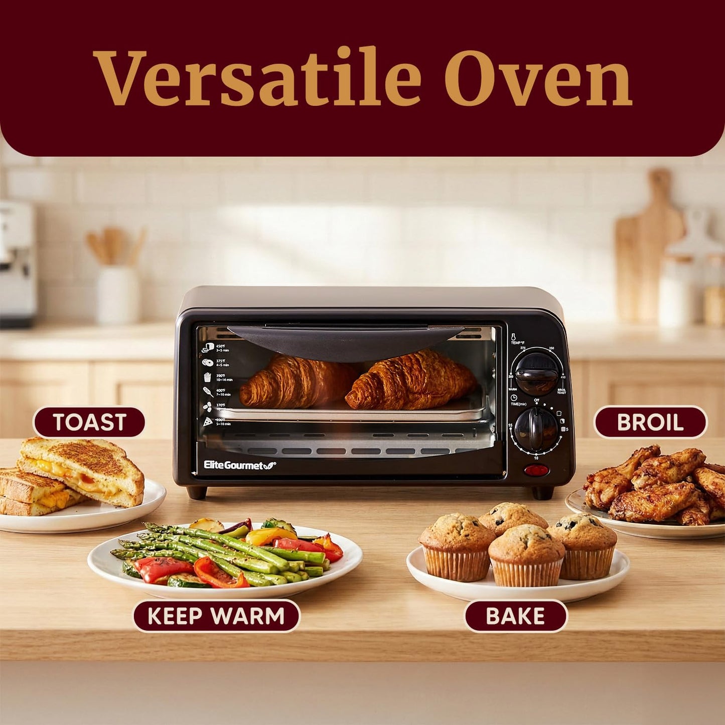 Elite Gourmet ETO236 Personal 2 Slice Countertop Toaster Oven with 15 Minute Timer Includes Pan and Wire Rack, Bake, Broil, Toast, Black