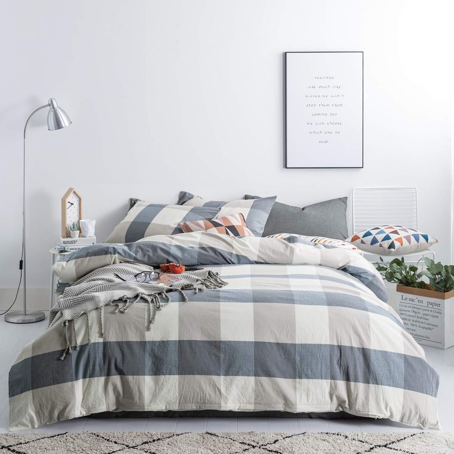 SUSYBAO Blue Checkered Duvet Cover King Size 100% Washed Cotton Plaid Duvet Cover Set 3 Piece 1 Grid Duvet Cover with Zipper Ties 2 Pillowcases Luxury Soft Checkered Bedding Duvet Cover Set Breathable