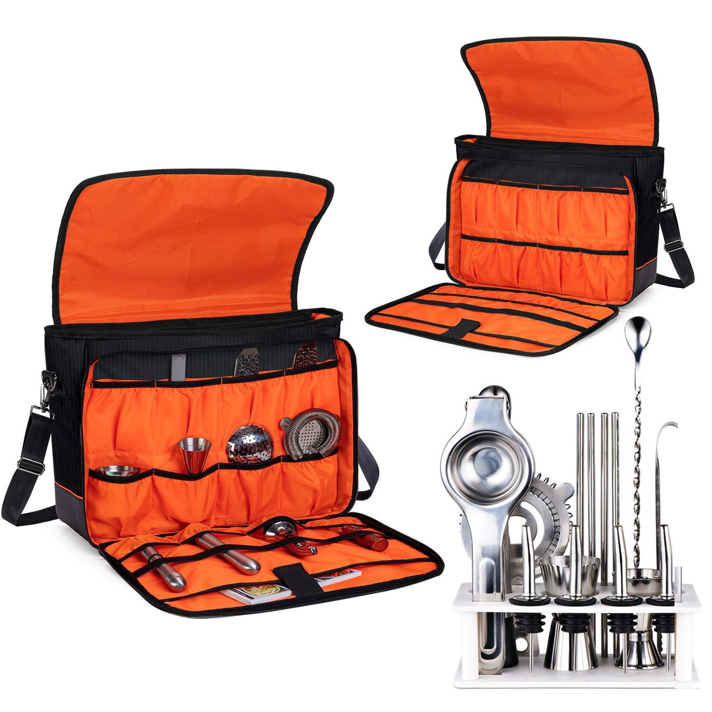 CURMIO Bartender Kit Travel Bag with Padded Compartments for Wine Bottles, Empty Messenger Bag for Bar Kit Set, Perfect for Home Indoor Outdoor Patio Party, Patent Pending, Black