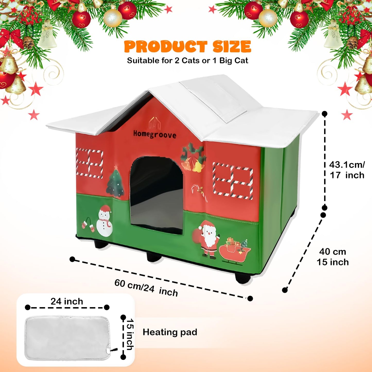 Homegroove Christmas Heated Cat House for Outside - 25 x 17 x 18 inches Festive Weatherproof & Insulated Outdoor Shelter with Heating Pad, Skylight for Stray & Feral Cats