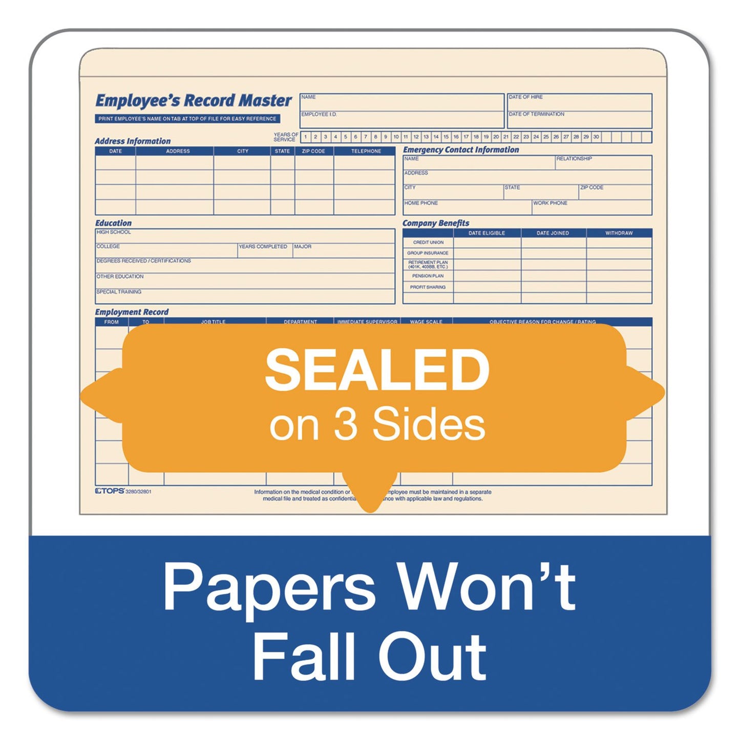 TOPS 3280 TOPS Employee Record Master File Jackets, 9-1/2 x 11-3/4, 10 Pt. Manila, 20/Pk