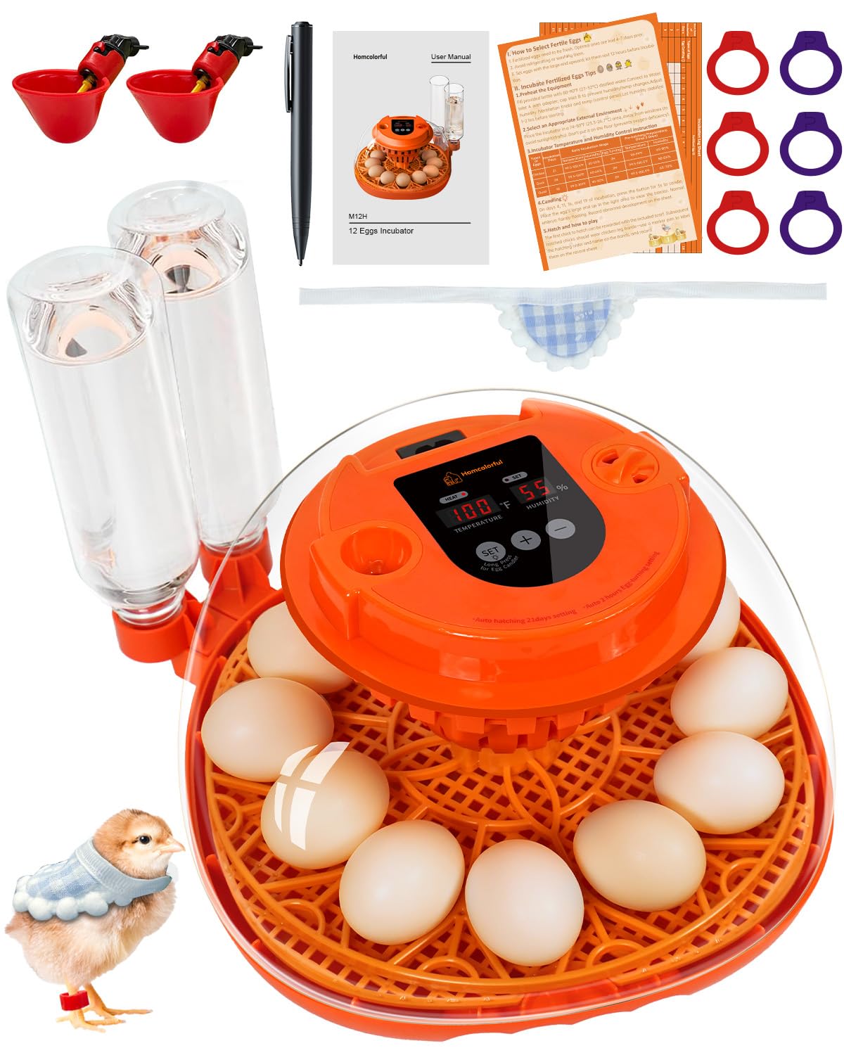 12 Egg Incubator with Automatic Turning & Humidity Control, Fully Automatic Incubators with Egg Candler, STEM/STEAM Educational Kit, for Hatching Chicken, Duck, Quail, Pigeon, Home, Classroom Use
