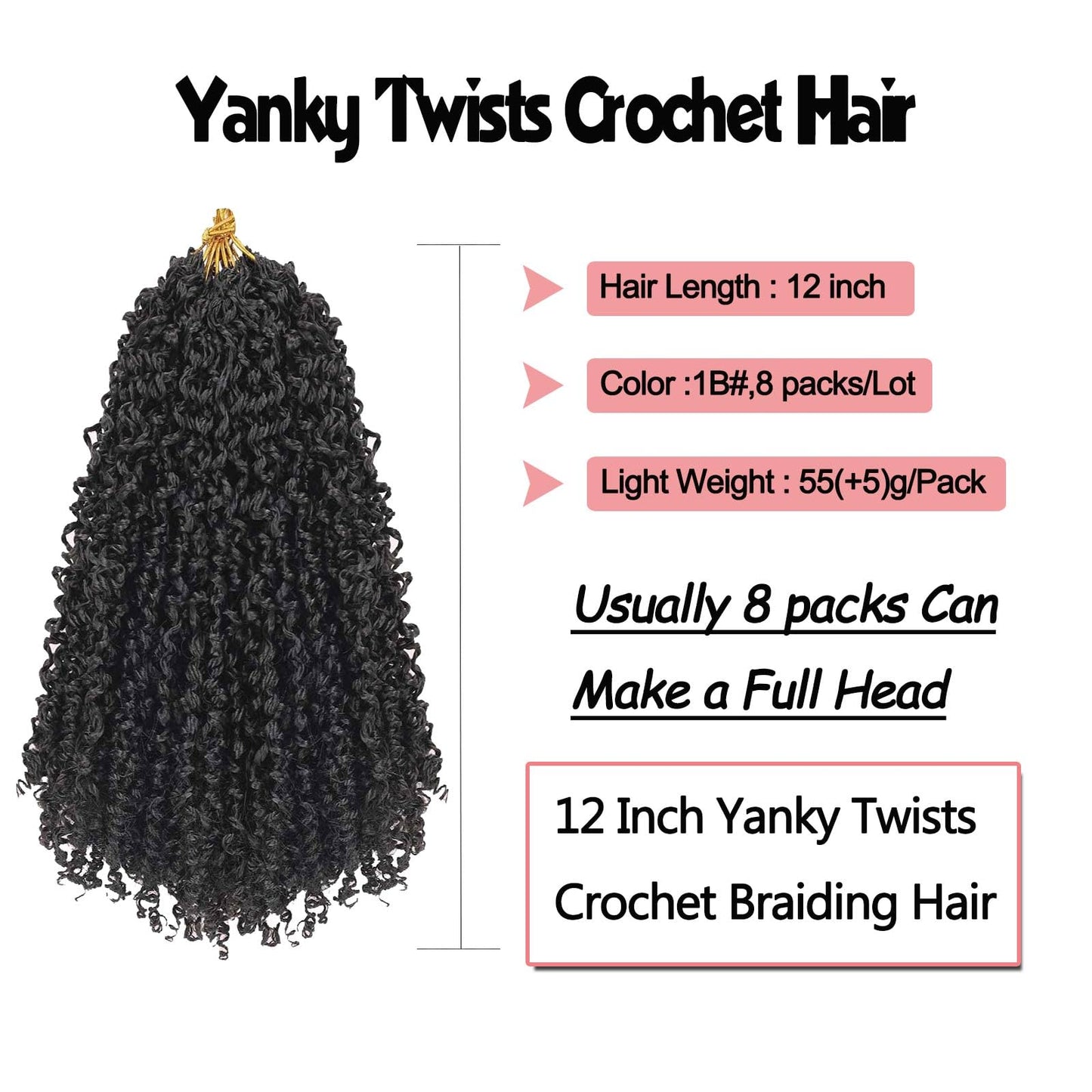 FFDDear 12 Inch Pre-Looped Yanky twist crochet hair 8 Packs Fluffy Spring Mini Twis Crochet Hair Passion Twist with curly crochet hair Natural Black Braids Hair for women extension(12 Inch, 1B)