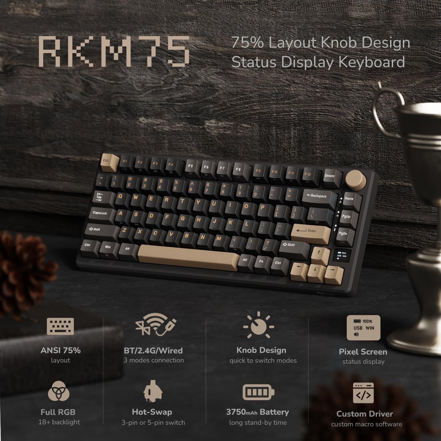 RK ROYAL KLUDGE M75 Wireless Mechanical Keyboard 2.4Ghz/BT5.1/USB-C Gaming Keyboard 75% Layout 81 Keys Gasket Mount with OLED Display & Knob RGB Backlight Hot-Swappable Viridian Switch, Grey