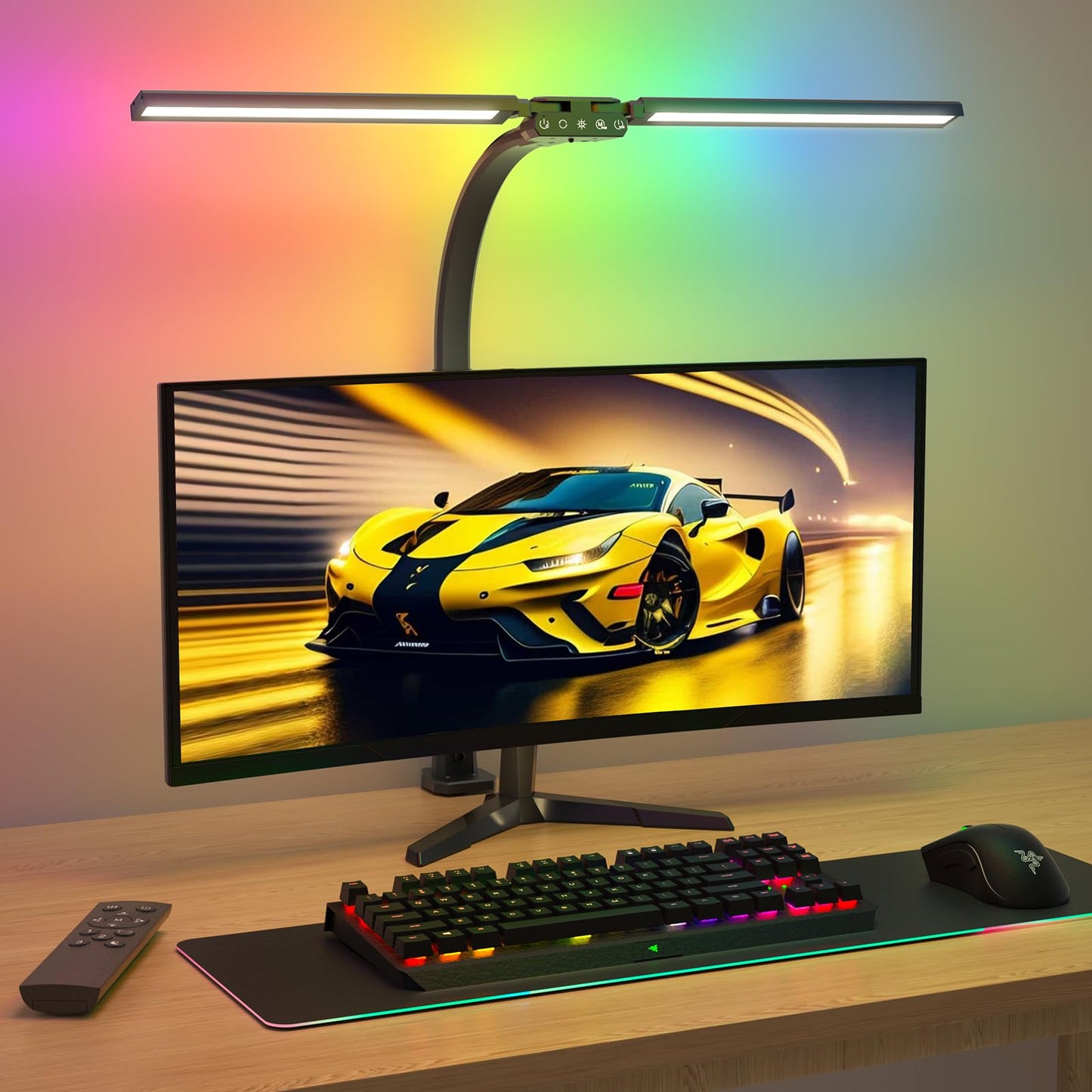 SIBRILLE Upgraded LED Desk Lamp for Home Office with RGB, Rotatable Computer Desk Light with Remote, Eye Caring Table Lamp with Clamp for Study, Dimmable Dual Head Desk Lighting for Monitor PC, 22W