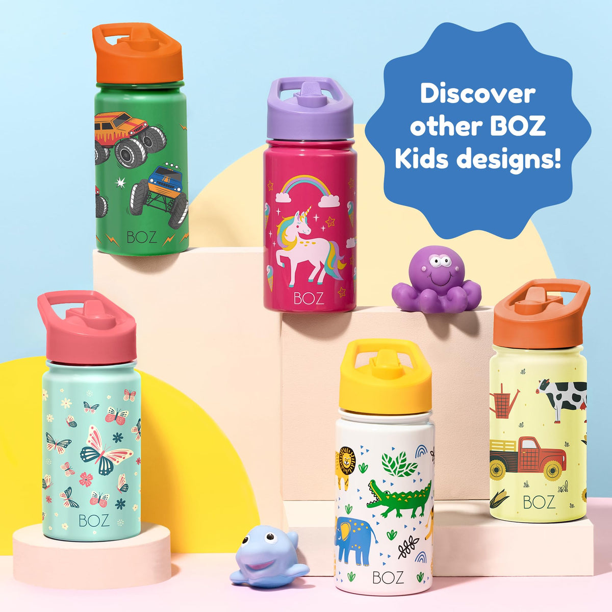 BOZ Kids Insulated Water Bottle with Straw Lid - Two-Pack Bundle, Construction/Safari, Stainless Steel Vacuum Double Wall Water Cup, 14 oz (414ml). Scratch-Resistant and Carry Handle, Dishwasher-Safe