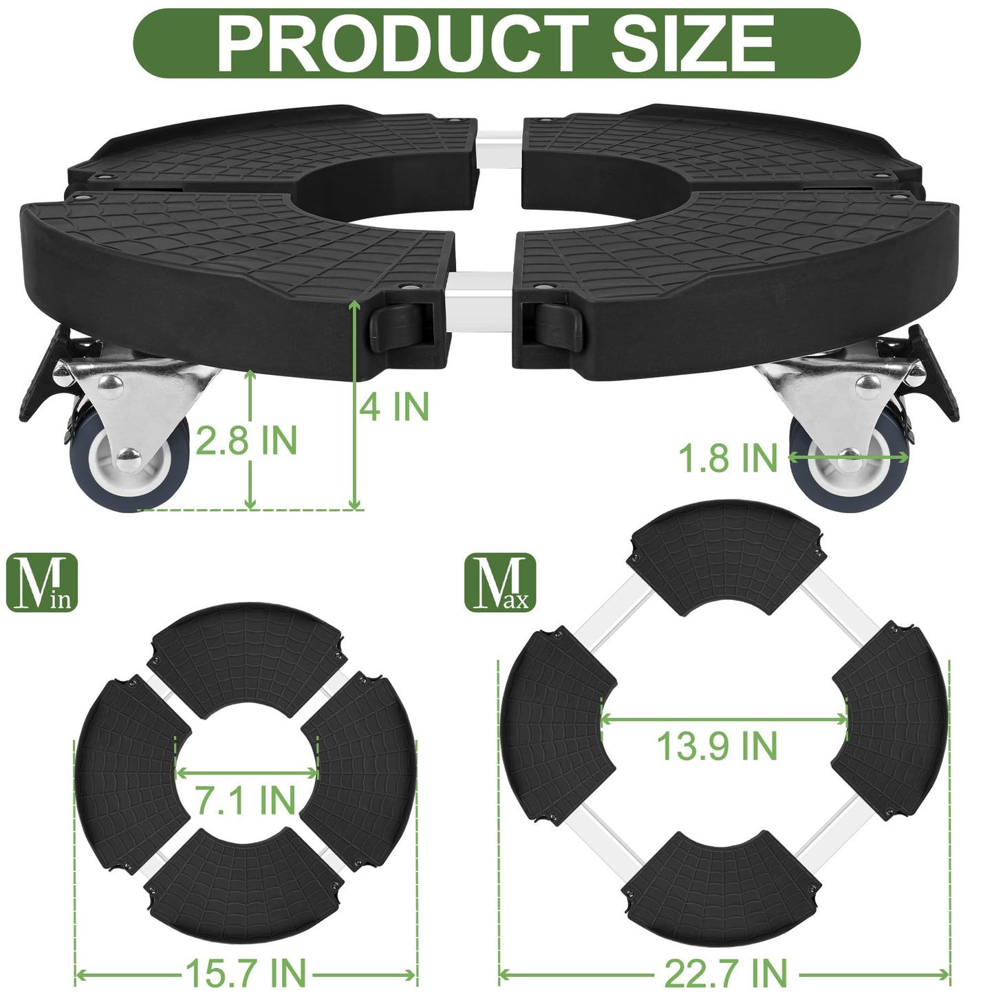 2 Pack Plant Caddy Stands with 360° Wheels Adjustable 15-22 Inch Rolling Plant Stands Heavy Duty Large Plant Carts Dolly with Casters 440lbs Capacity for Large Planter, Garden Pot, Flower Pot, Black