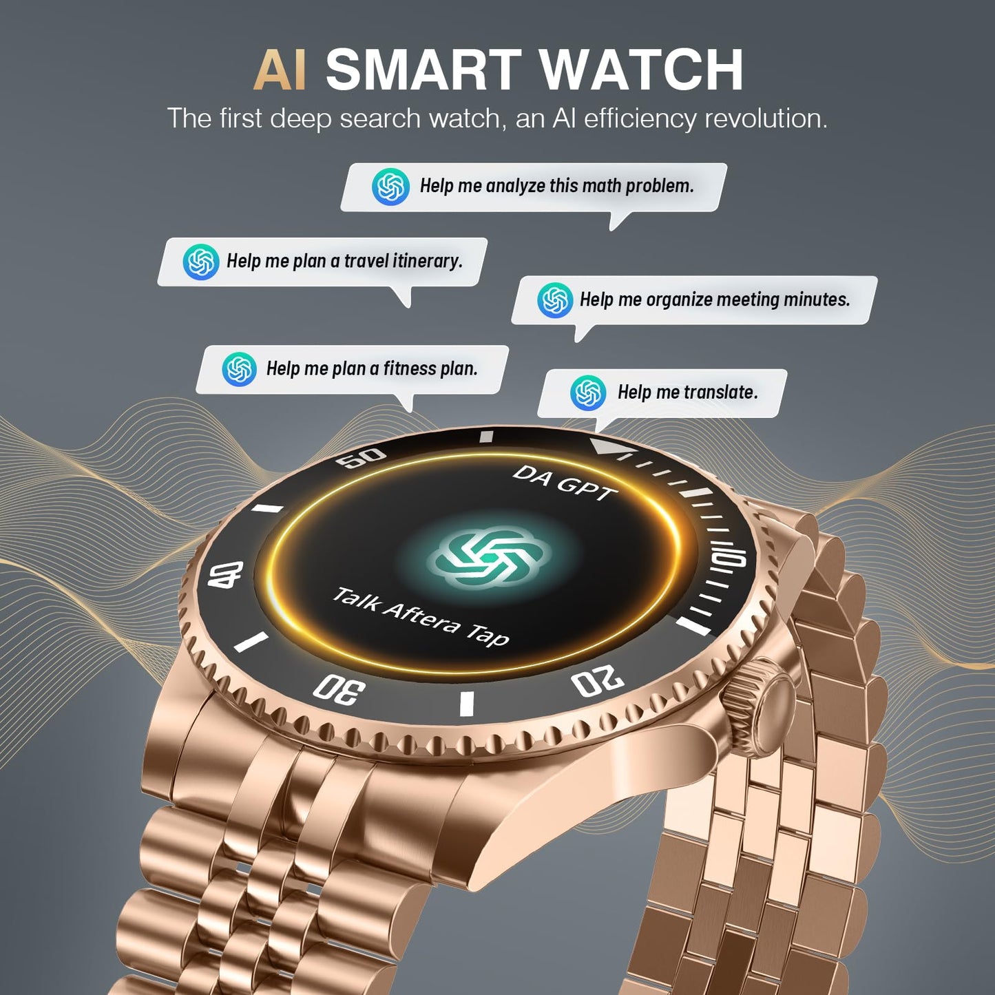 2025 DA GPT Smart Watch, Deep Search, Heart Rate, Stress, Blood Oxygen, Sleep Monitor, 107 Sports Modes, Waterproof Round Watch, 1.19-inch AMOLED Display, Compatible Android and iOS Gold Metal
