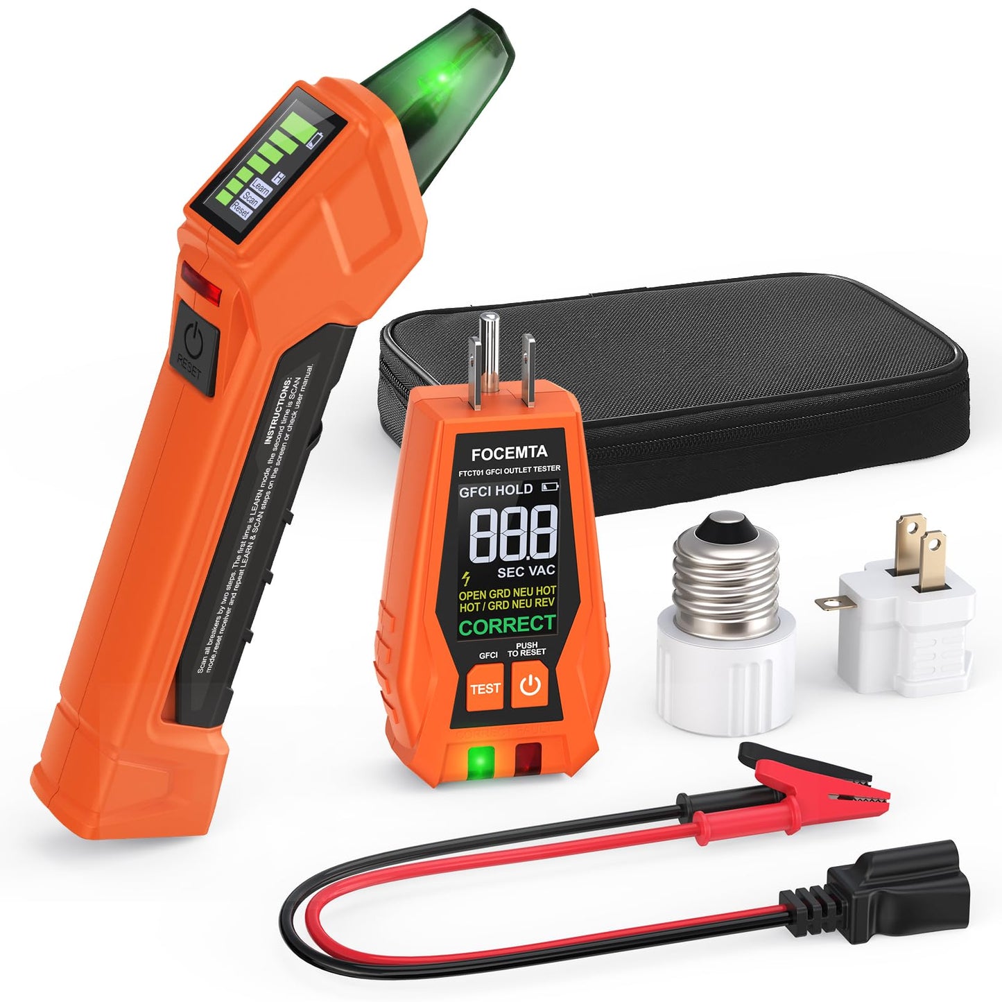 Focemta Circuit Breaker Finder Kit with GFCI Outlet Tester for 90-135V AC Circuits,Includes Light Socket Adapter, 3-2 Prong Grounding & Clip Adapter,Portable Electrical Tool with Carrying Case