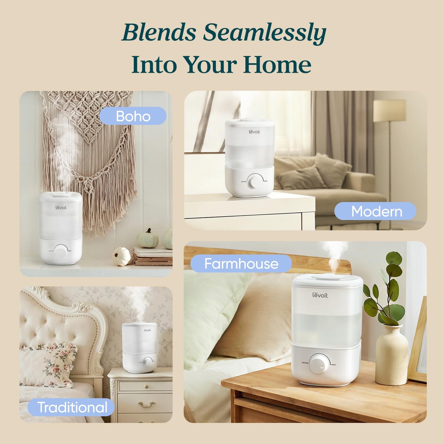 Levoit Humidifiers for Bedroom, Top Fill Cool Mist Air Humidifier for Baby Nursery, Plants, Ultrasonic, Auto Shut-off, BPA Free, Quiet, Knob Control, 360° Nozzle