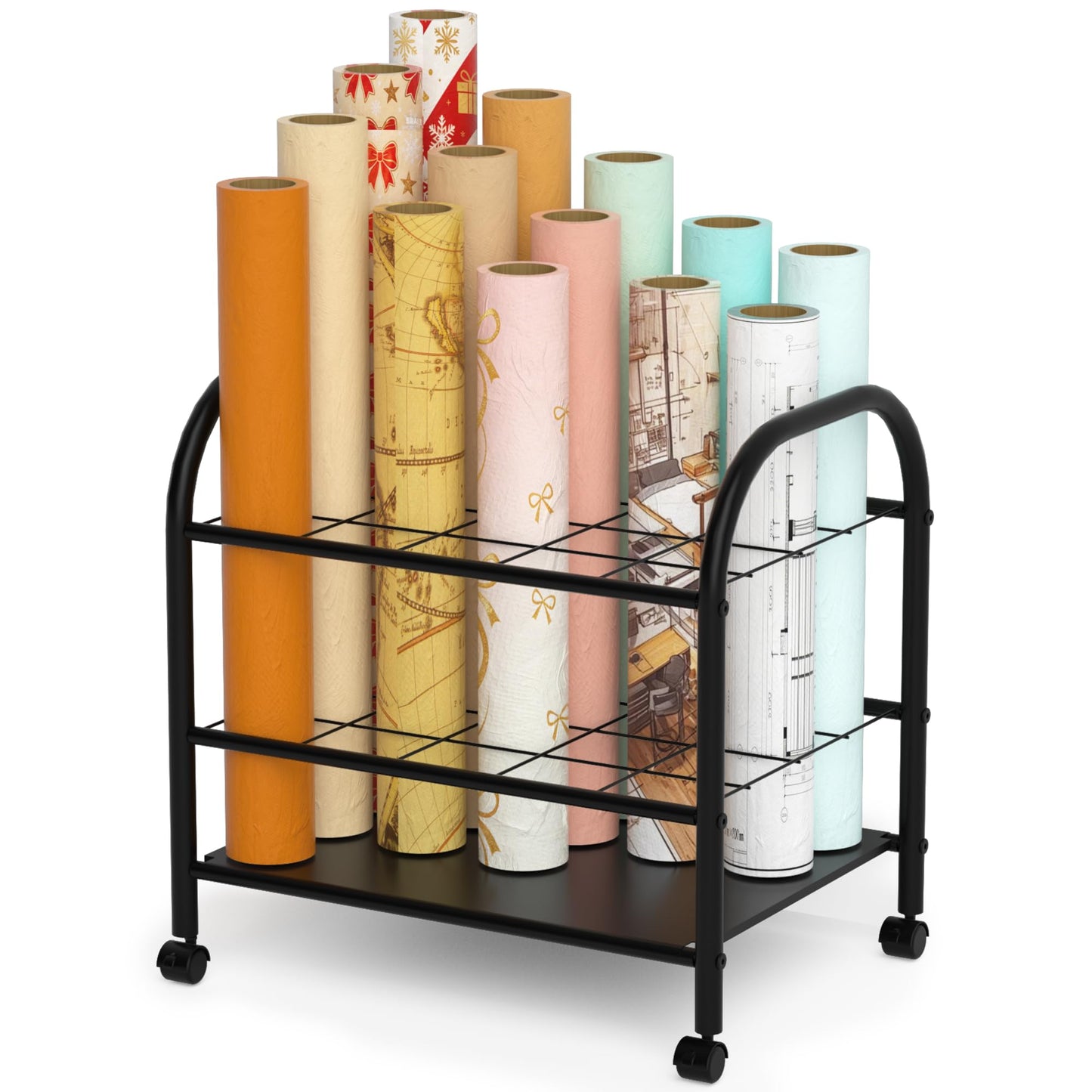 Yutrchey Blueprint Storage Rack with Wheels – 20-Slot Metal Roll File Holder with Silent Casters & Brakes for Blueprints, Wrapping Paper, Posters, Maps – Mobile File Cart for Office & Home (Black)