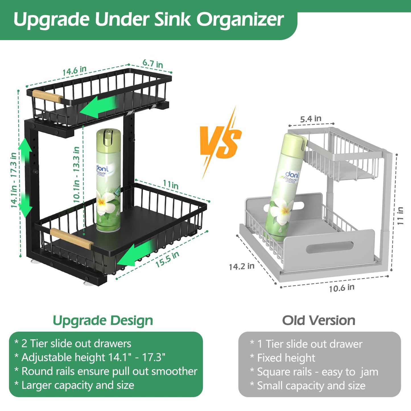ADRIMER 2 Tier L-shaped Under Sink Organizer, Pull Out Kitchen Organizers and Storage, Undersink Organizers and Storage for Kitchen Bathroom, Height Adjustable, Black